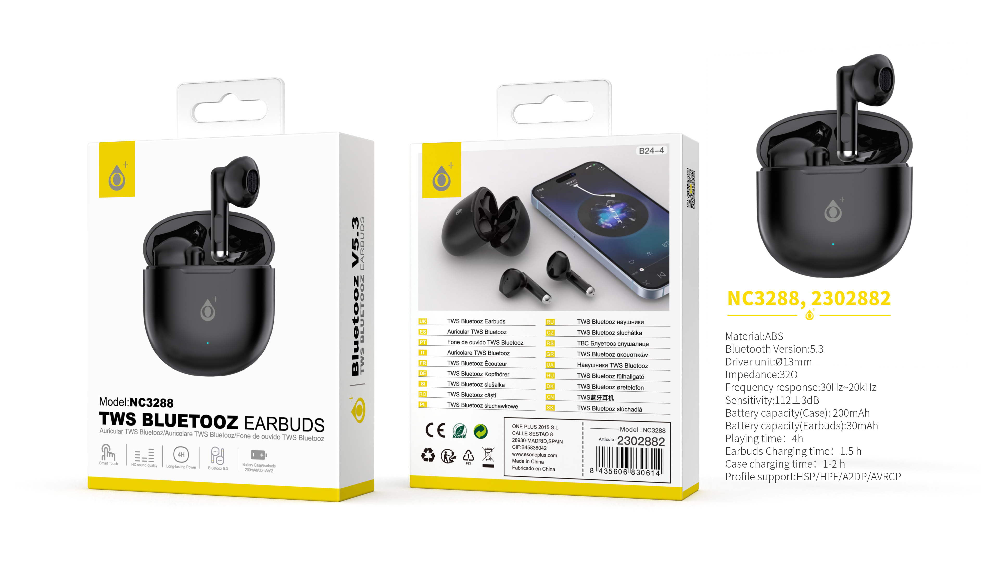 NC3288 NE Auriculares TWS Bluetooth 5.3, Bateria (30mAh*2)Con Estuche Recargable 200mAh, Negro