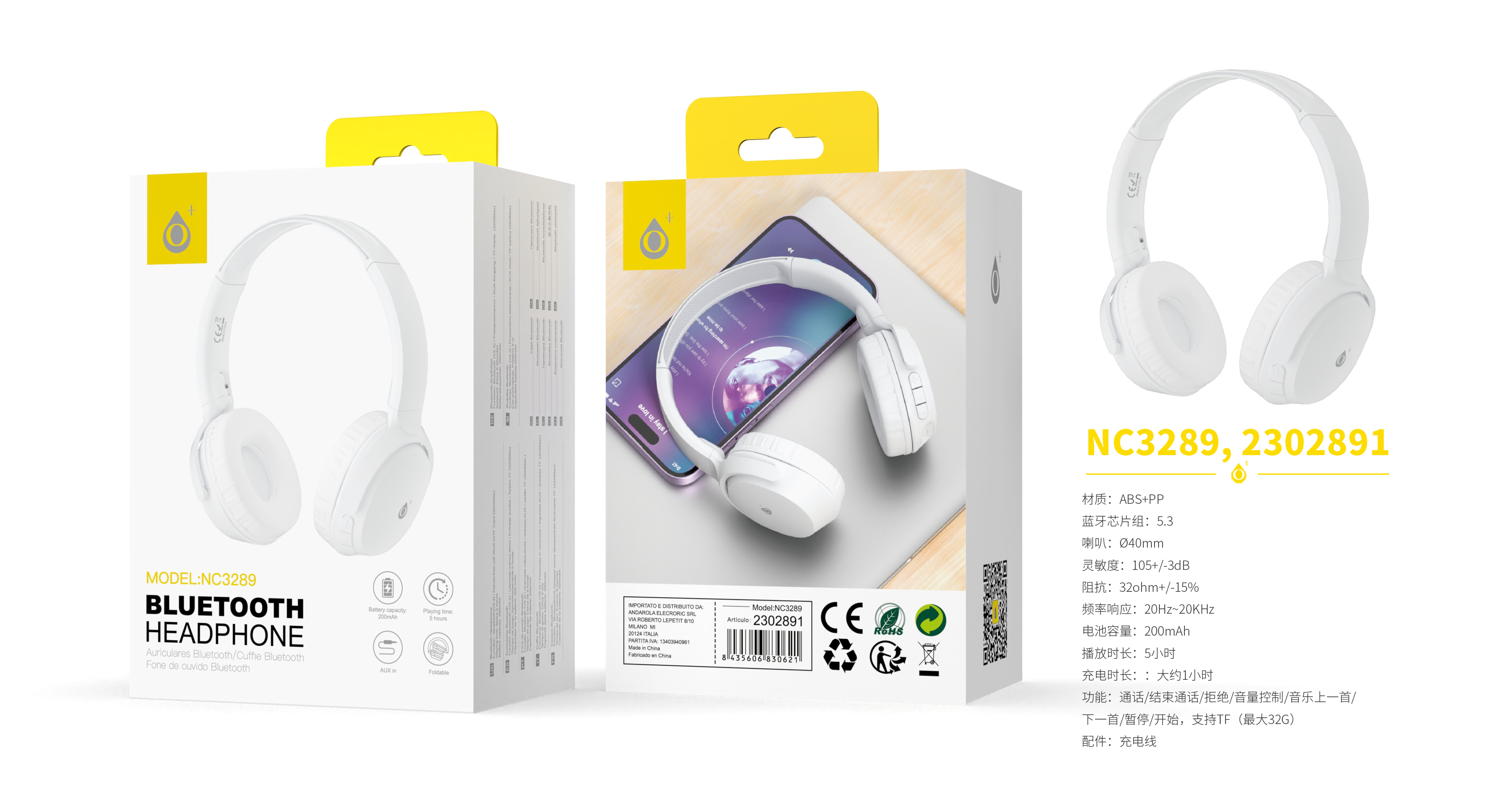 NC3289 BL Auricular Bluetooth 5.3, Soporta Mano libre/Boton multifuncion/TF 32Max, Bateria 200mAh, B