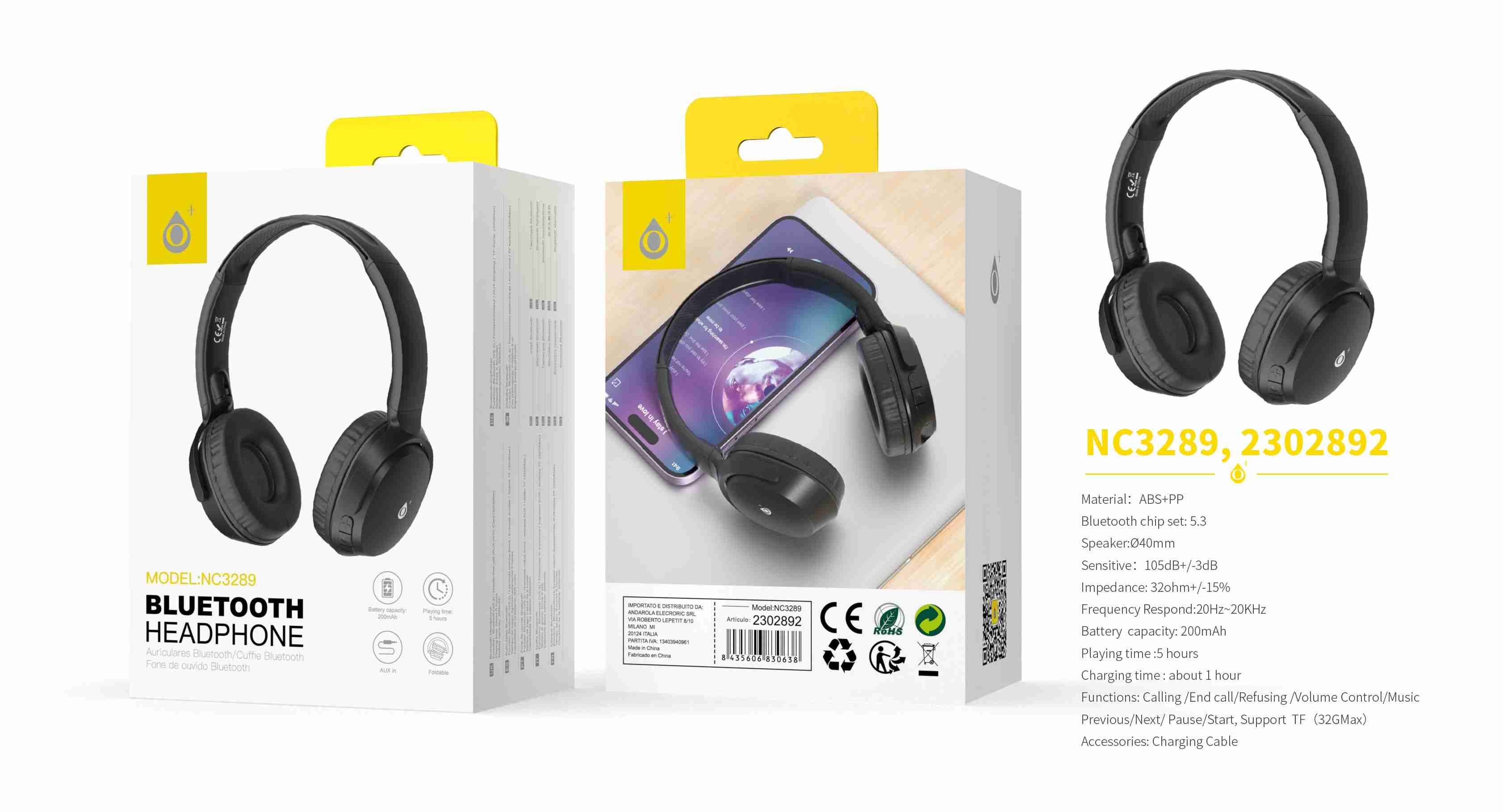 NC3289 NE Auricular Bluetooth 5.3, Soporta Mano libre/Boton multifuncion/TF 32Max, Bateria 200mAh, N