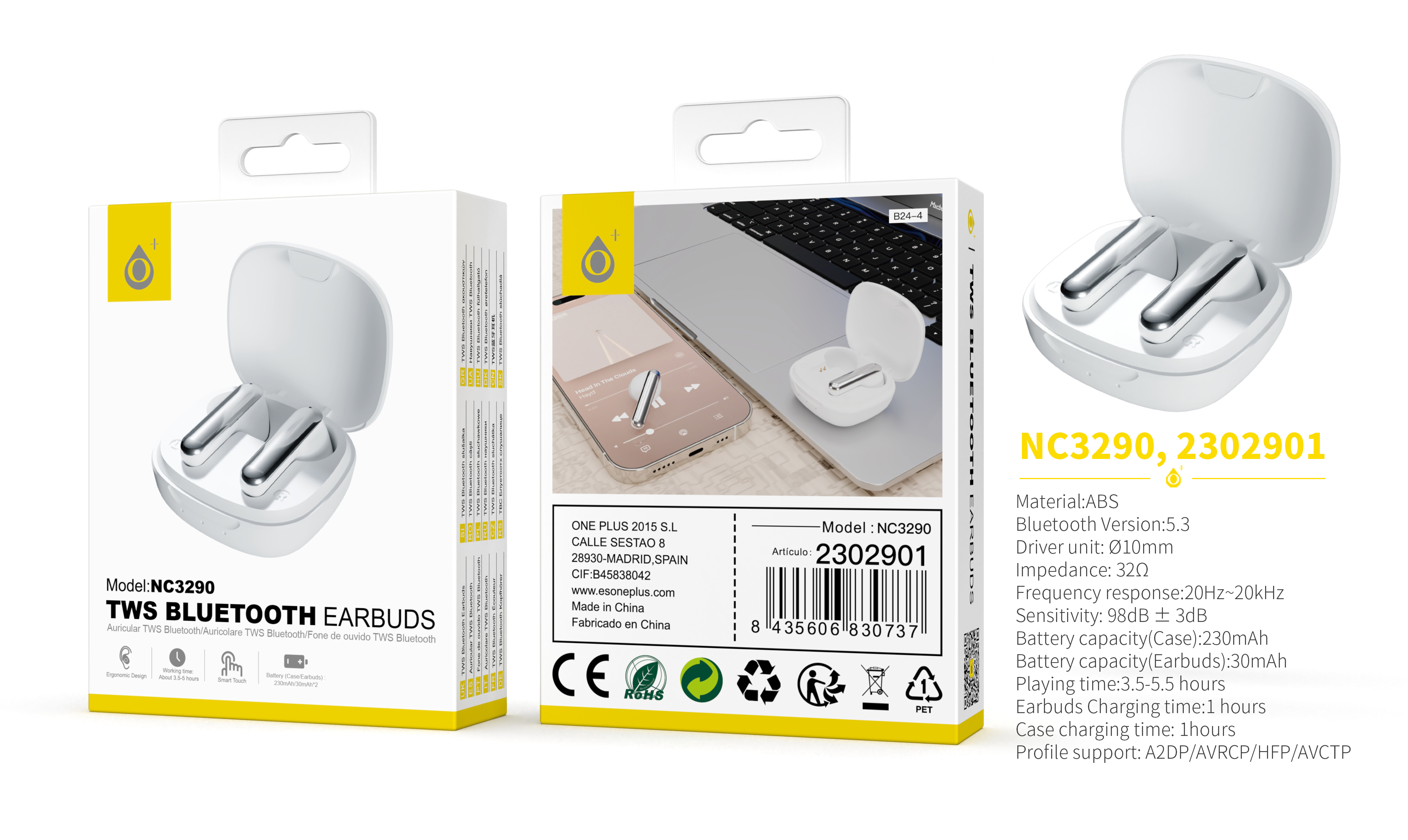 NC3290 BL Auriculares TWS Bluetooth 5.3, Bateria (30mAh*2) Con Estuche Recargable 230mAh, Blanco