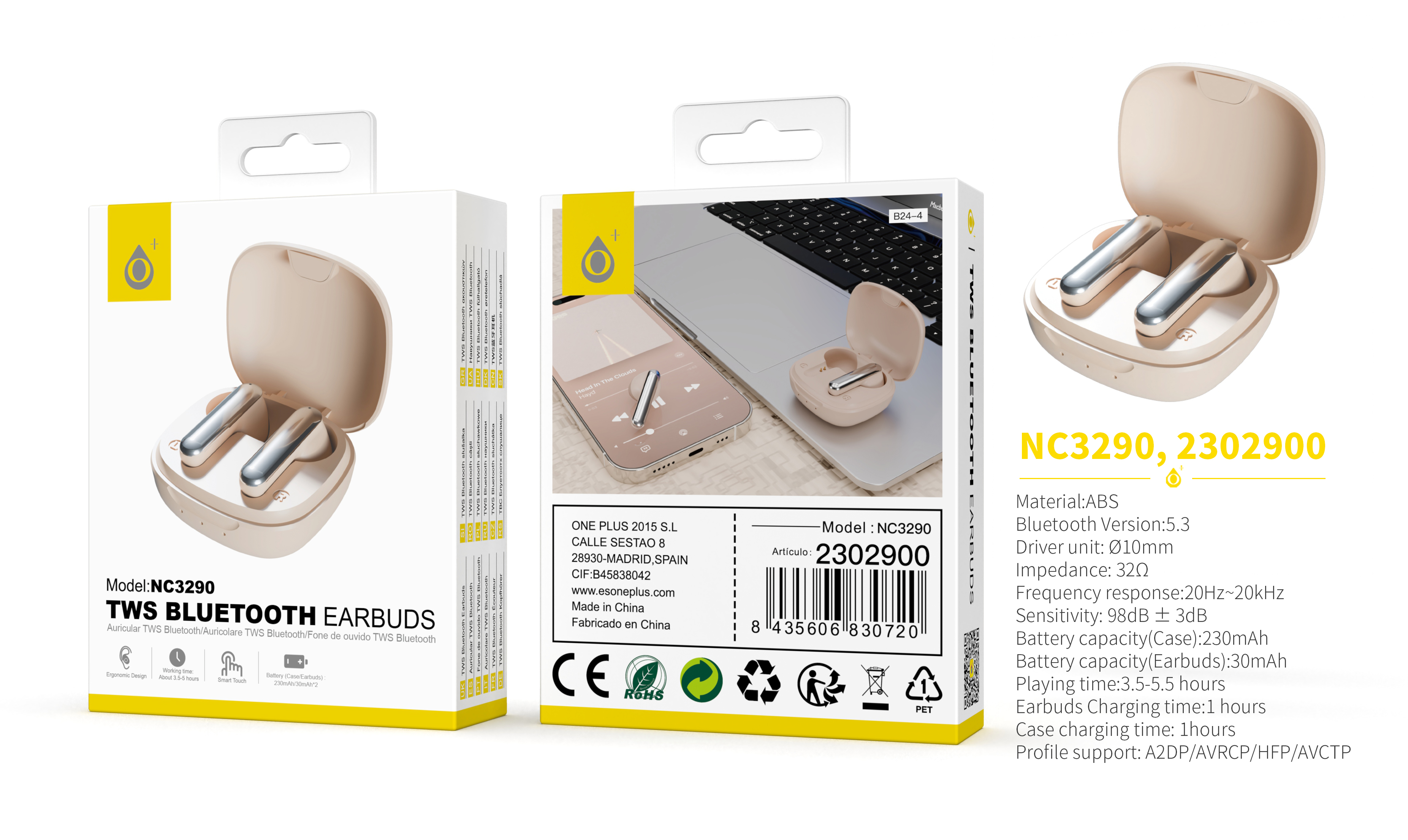 NC3290 BL+OR Auriculares TWS Bluetooth 5.3, Bateria (30mAh*2) Con Estuche Recargable 230mAh, Blanco+