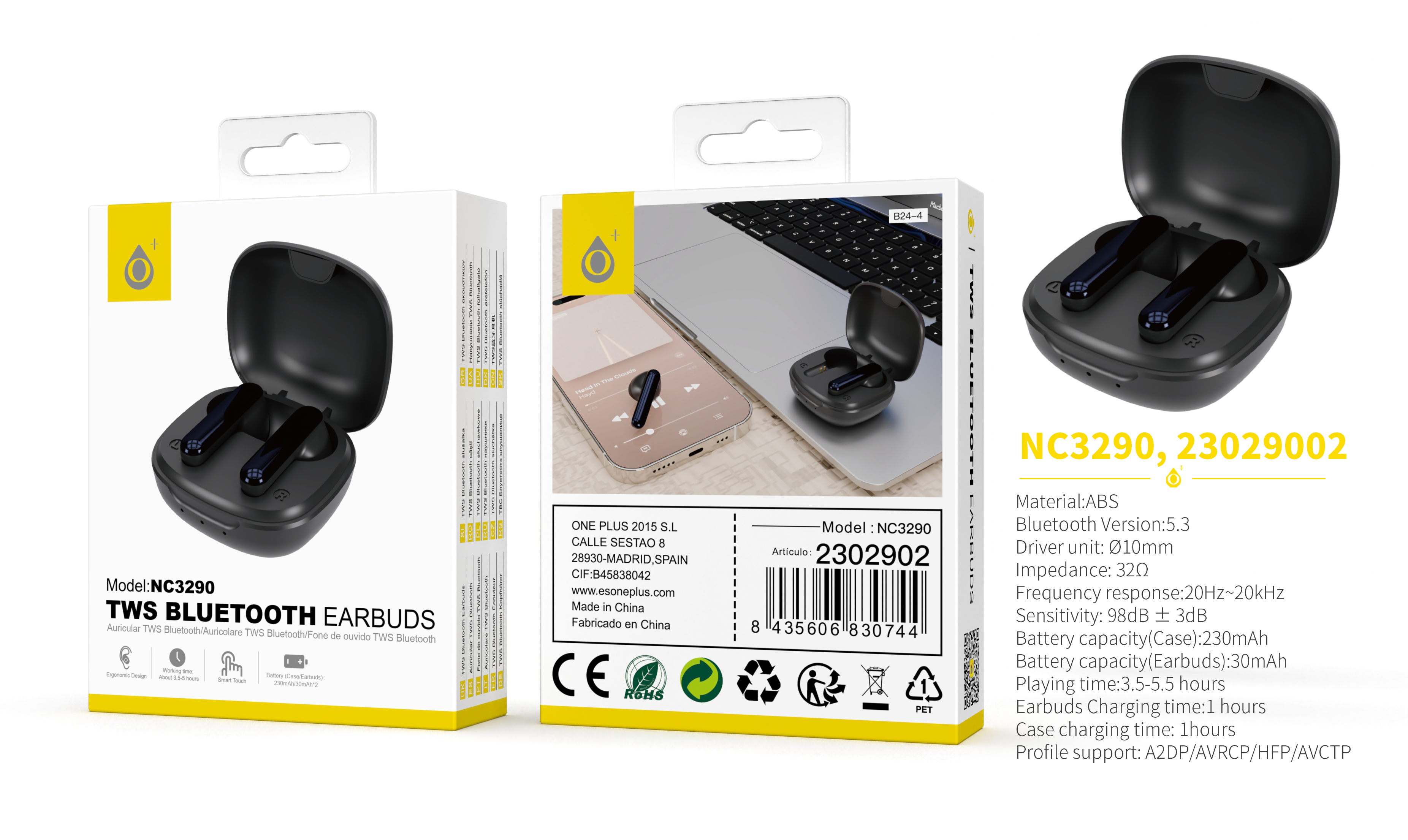 NC3290 NE Auriculares TWS Bluetooth 5.3, Bateria (30mAh*2) Con Estuche Recargable 230mAh, Negro