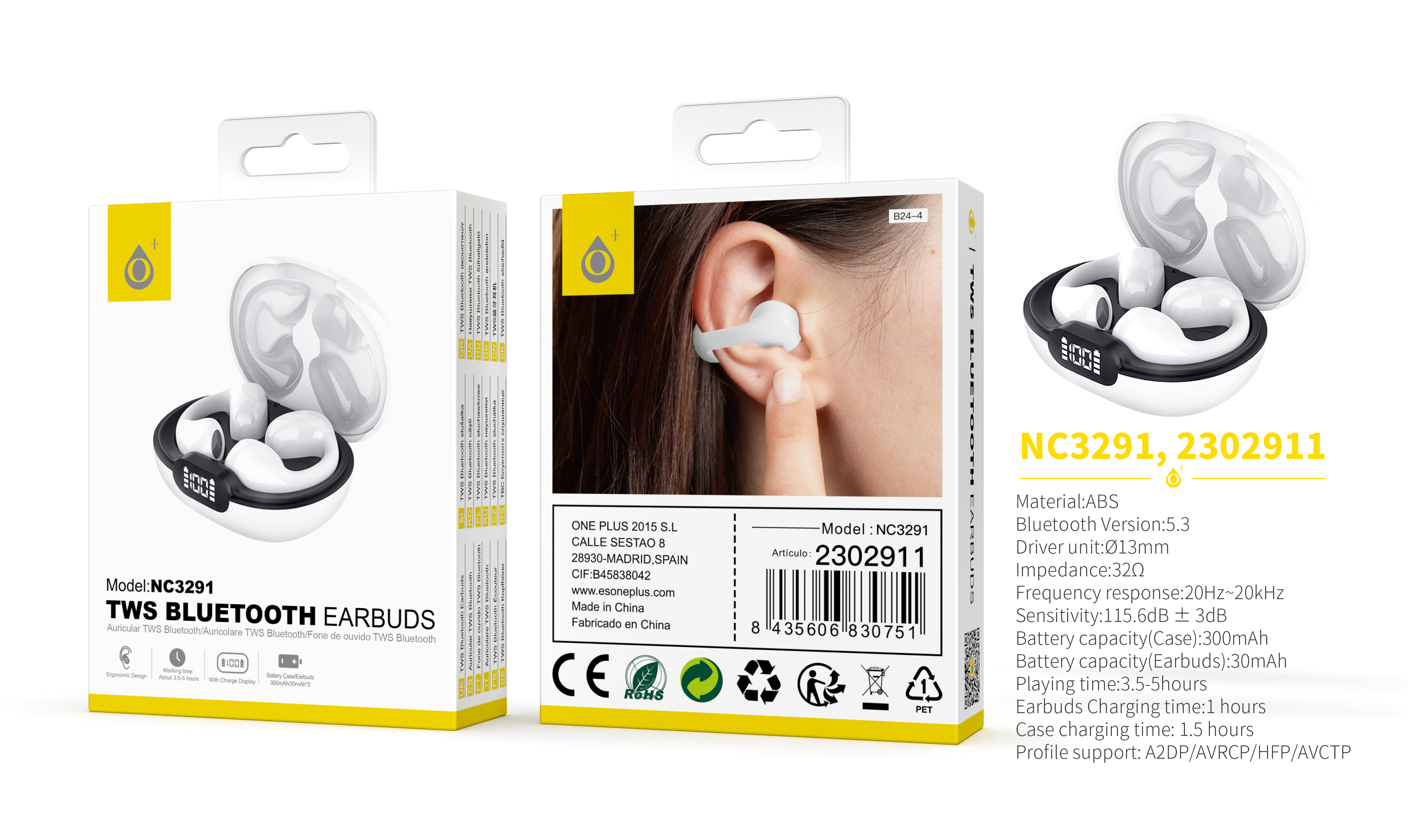 NC3291 BL  Auriculares TWS Bluetooth 5.3 con indicador led de bateria, Bateria (30mAh*2) Con Estuche