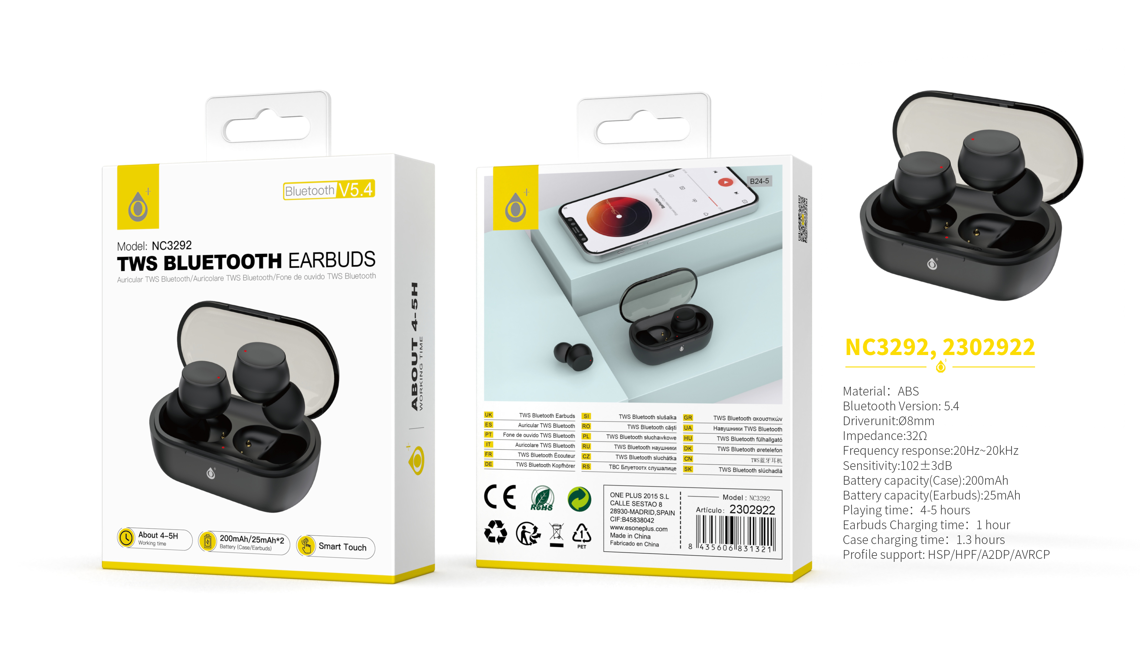 NC3292 NE Auriculares TWS Bluetooth 5.4, Bateria (25mAh*2)Con Estuche Recargable 200mAh, Negro