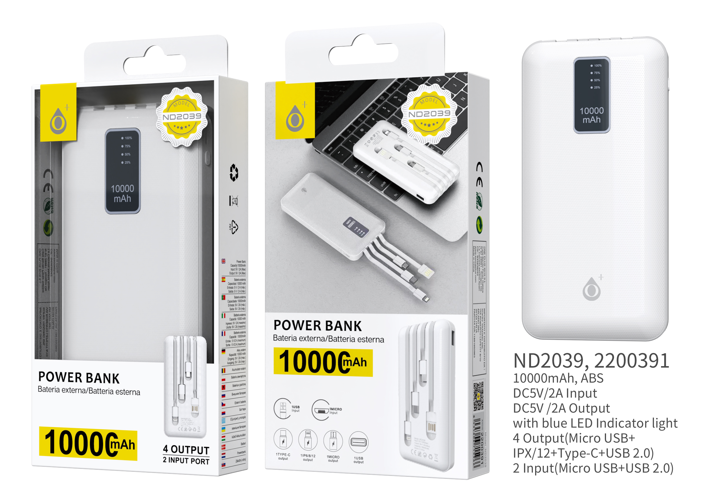 ND2039 BL Powerbank 10000mAh, 2 Entrada( Micro USB+USB), 4 salida (MicroUSB+ IP+ Type-C+ USB), con Indicador de LED Azul 5V, 2A,  Blanco