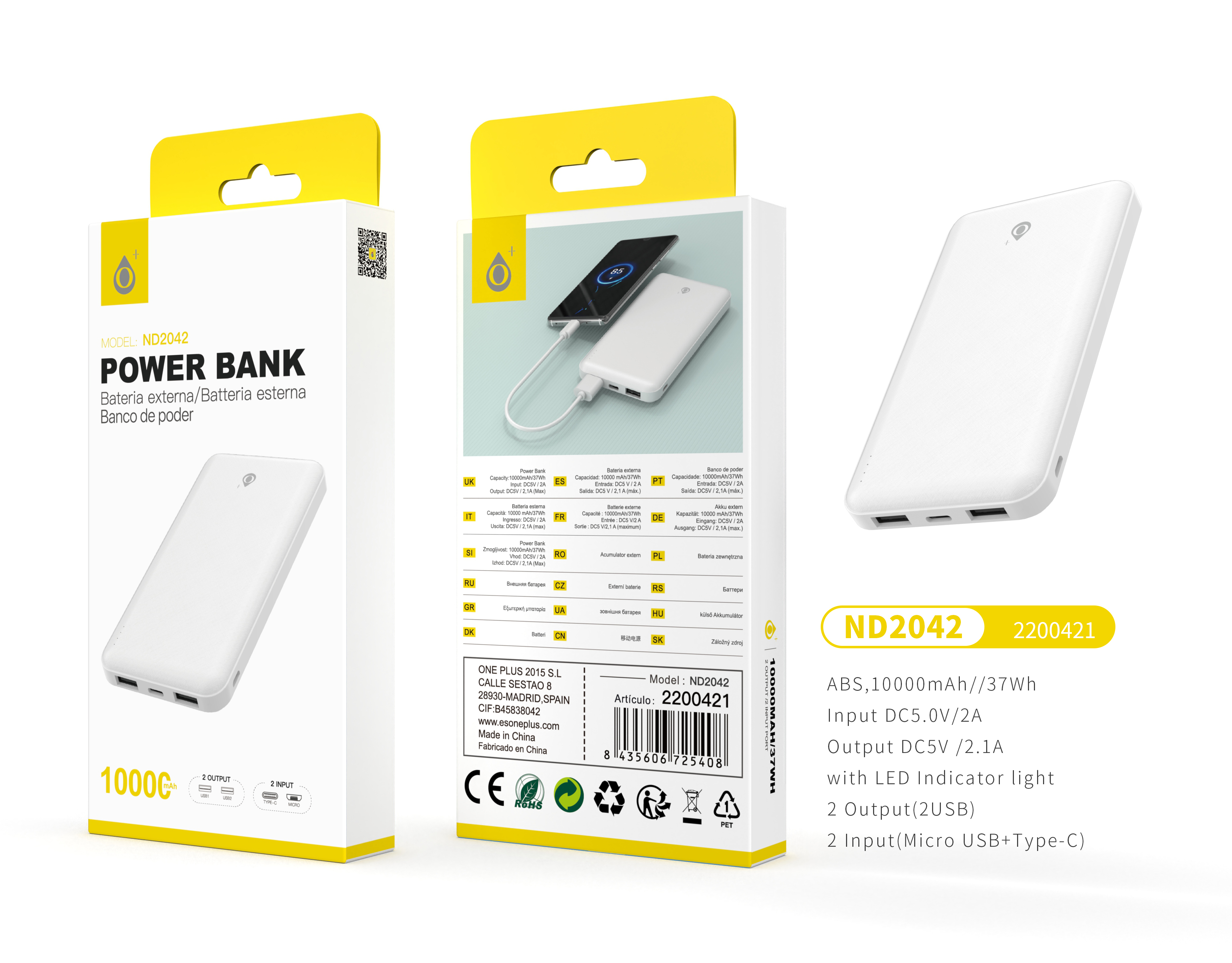 ND2042 BL PowerBank AXEL 10000mAh/37Wh,2entrada(Micro USB+Type-C)2 Salida(2USB),Blanco