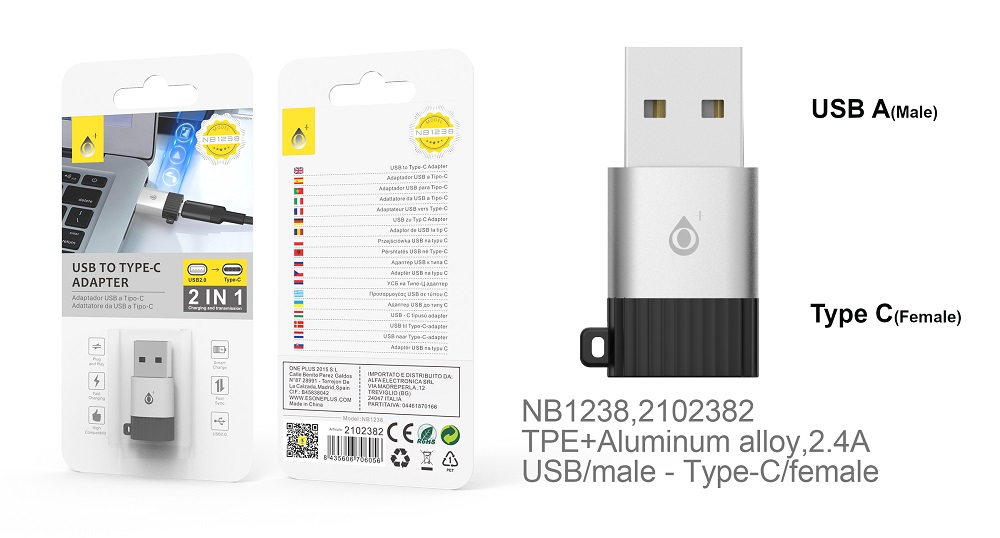 NE NB1238 Adaptador TYPE C  a  USB,Negro