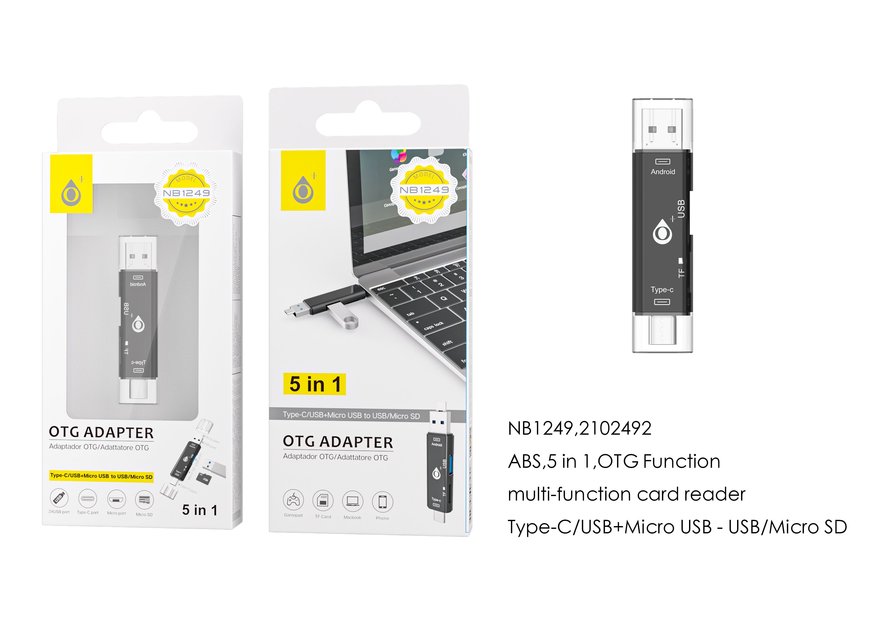 NE NB1249 Adaptador Universal 5 en 1 para transmision de datos, Type C/MicroUSB/USB a USB OTG y Lector Tarjeta TF, Negro