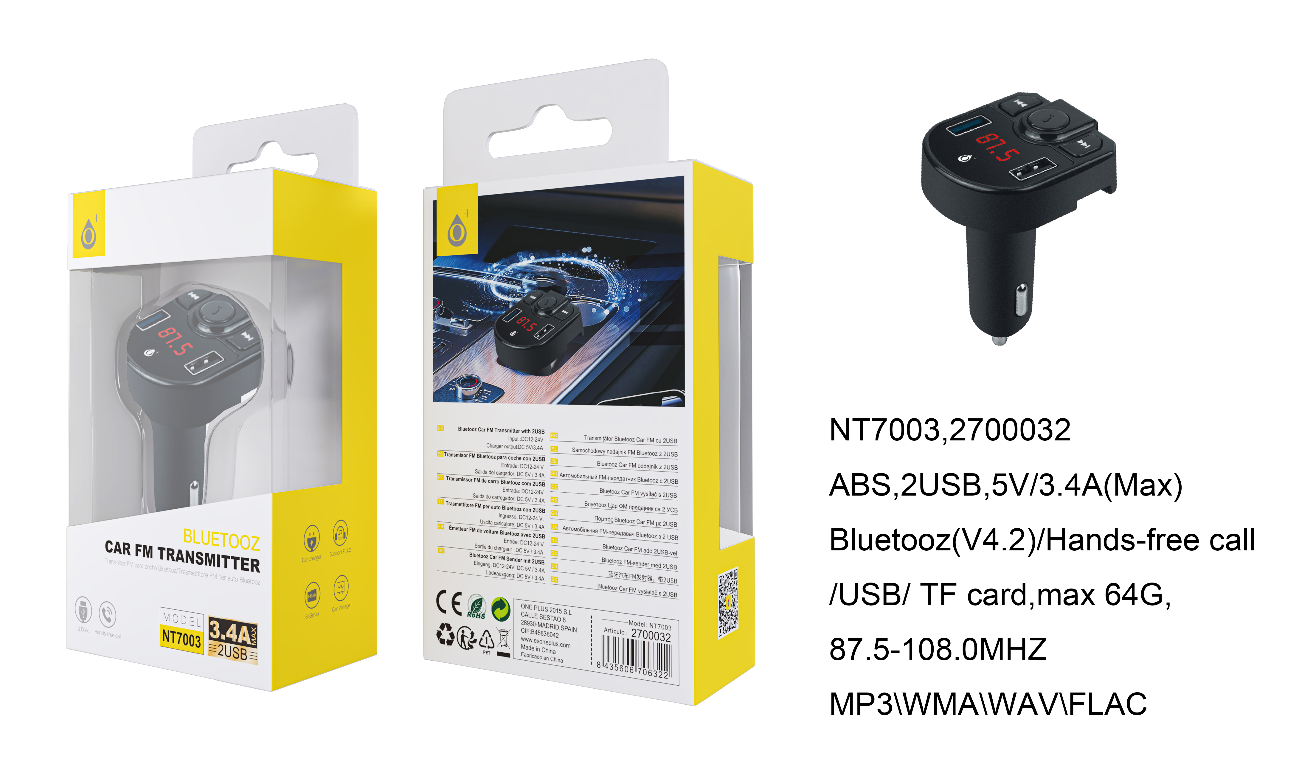 NE NT7003 Transmisor Blutooth 4,2 De FM Con Microfono Y Pantalla LED, BTS/USB/TF CARD (64MAX), 2USB 3,1A Max, Negro
