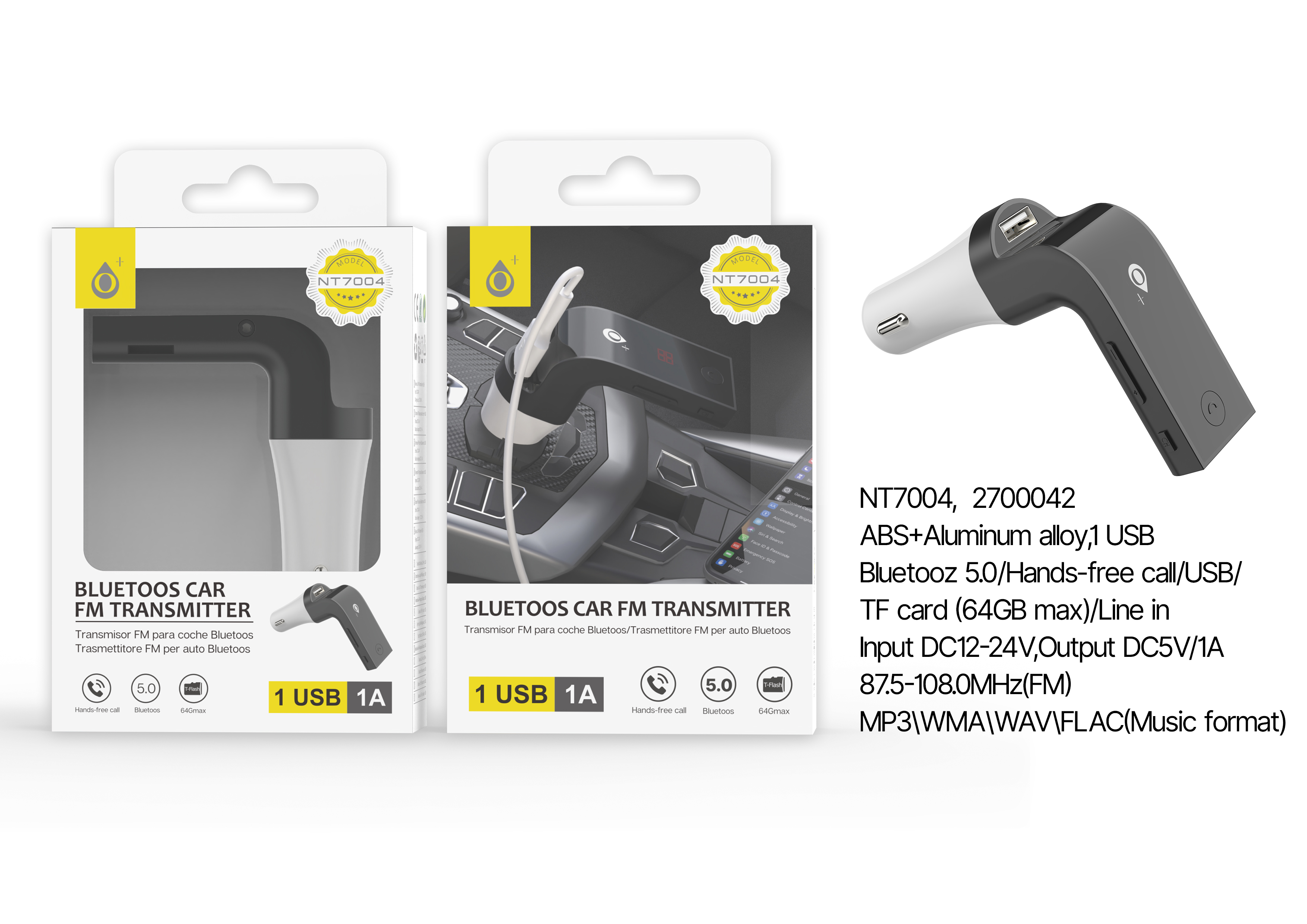 NE NT7004 Transmisor FM Aluminio + ABS Bluetooth 5,0 De Coche ,Con Manos Libres/USB/ TF CARD (64GB MAX),Con Pantalla Y Boton Multifuncional, 1USB 5V/1