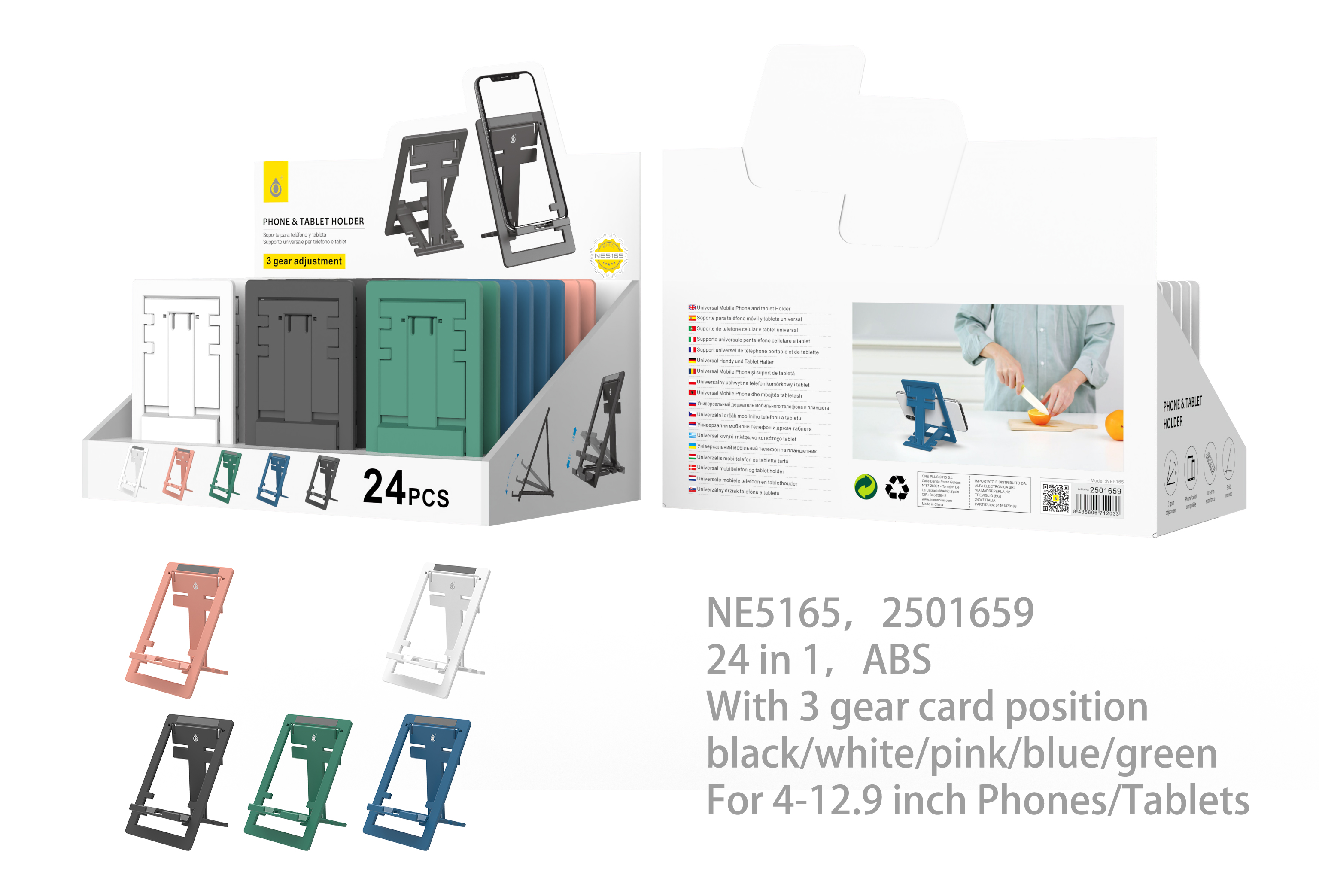 NE5165 MIX Soporte Universal para Movil y Tablet con 3 posicion de Tarjeta, 4-12.9 Pulgada, Multicolores, 24 psc/Pack (Vende por Paquete)