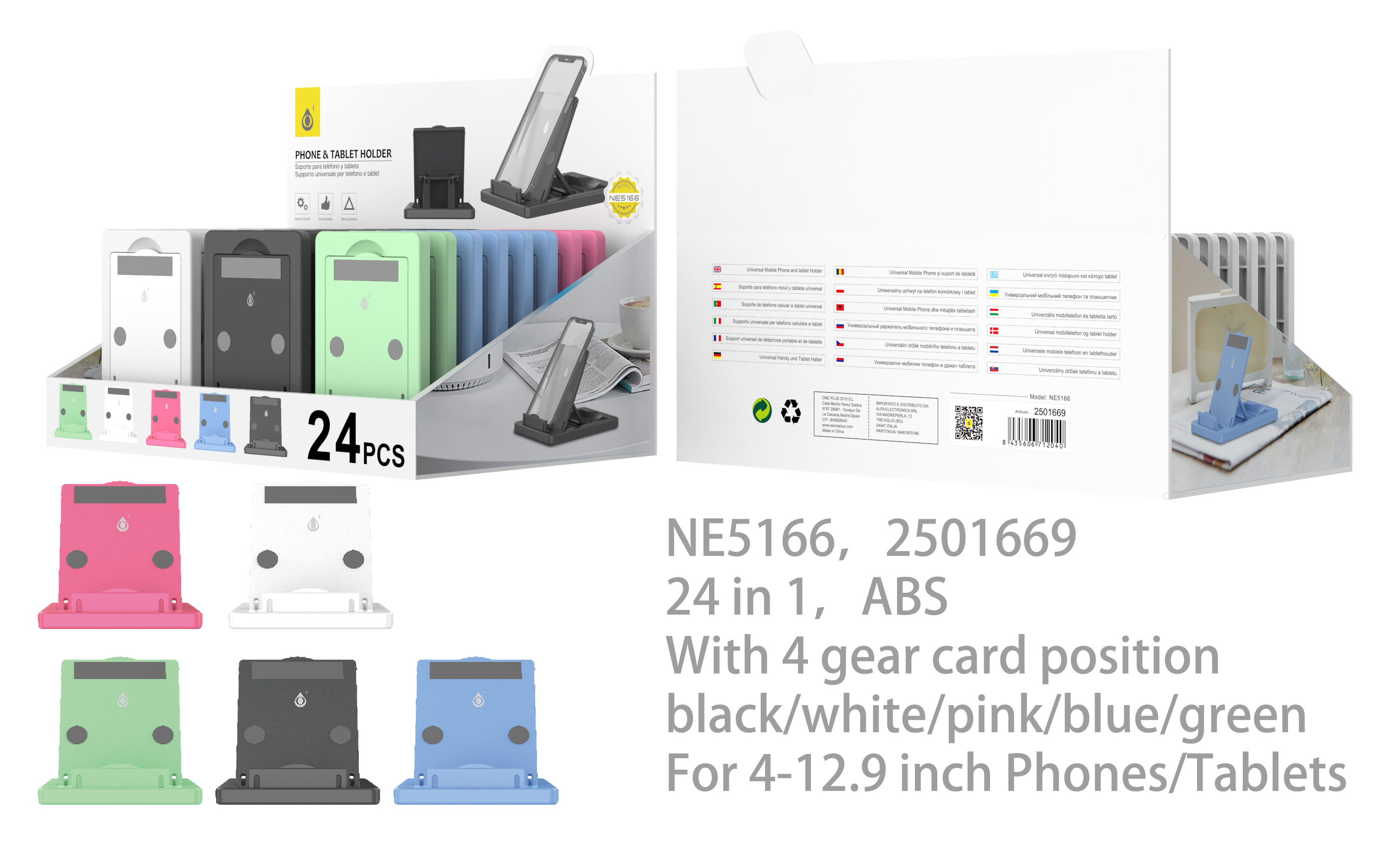 NE5166 MIX Soporte Universal para Movil y Tablet con 4 posicion de Tarjeta, 4-12.9 Pulgada, Multicolores, 24 psc/Pack (Vende por Paquete)