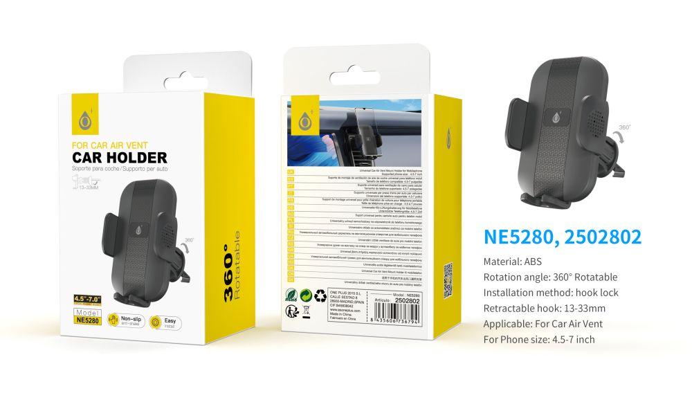 NE5280 NE Soporte universal de movil  para Airvent de Coche , Ajustable 360°, retractil 13-33mm, par
