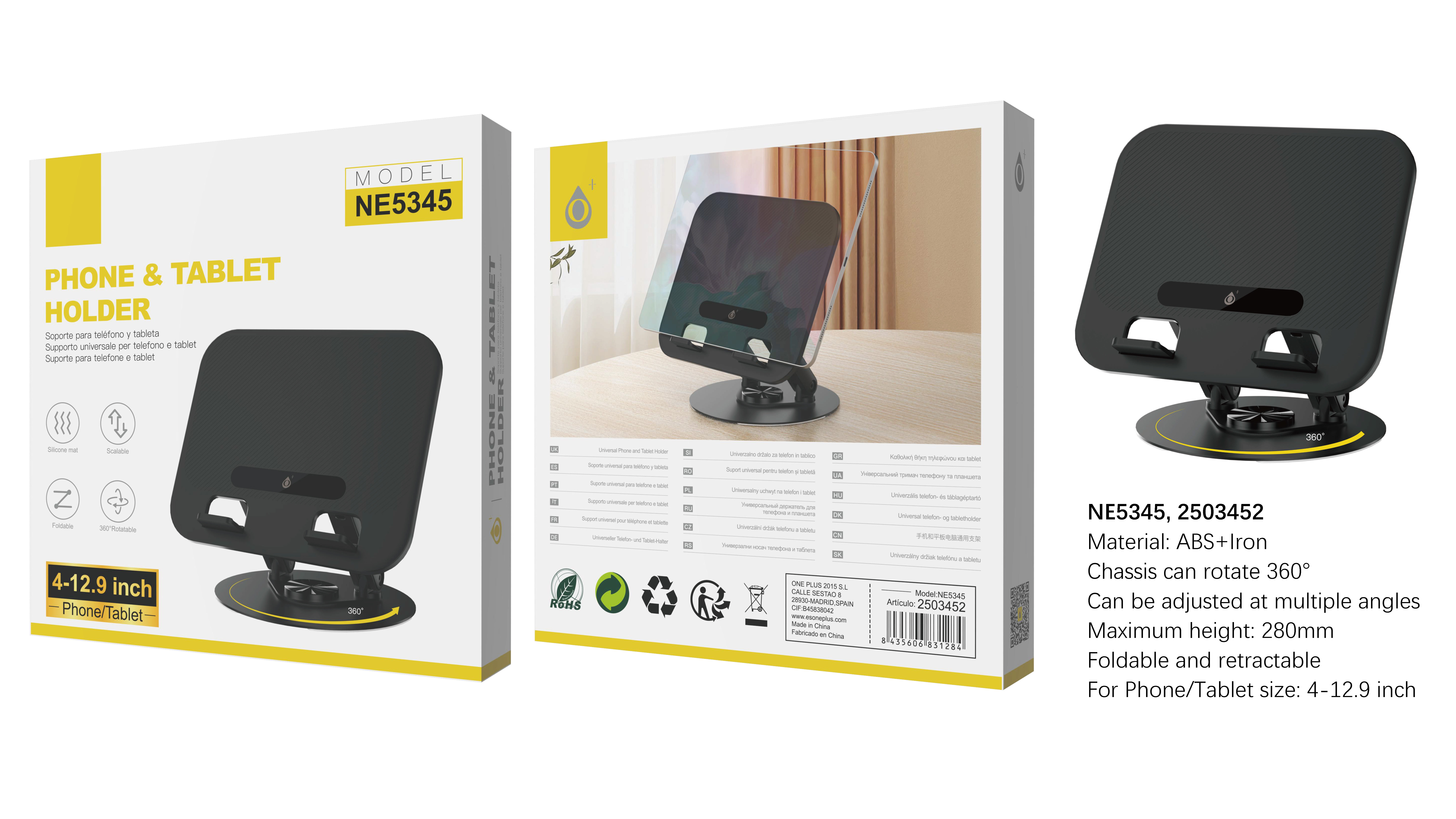 NE5345 NE Soporte  universal de mesa para movil y tablet 4-12.9 Pulgadas, Plegable y giro 360¡ã, Neg