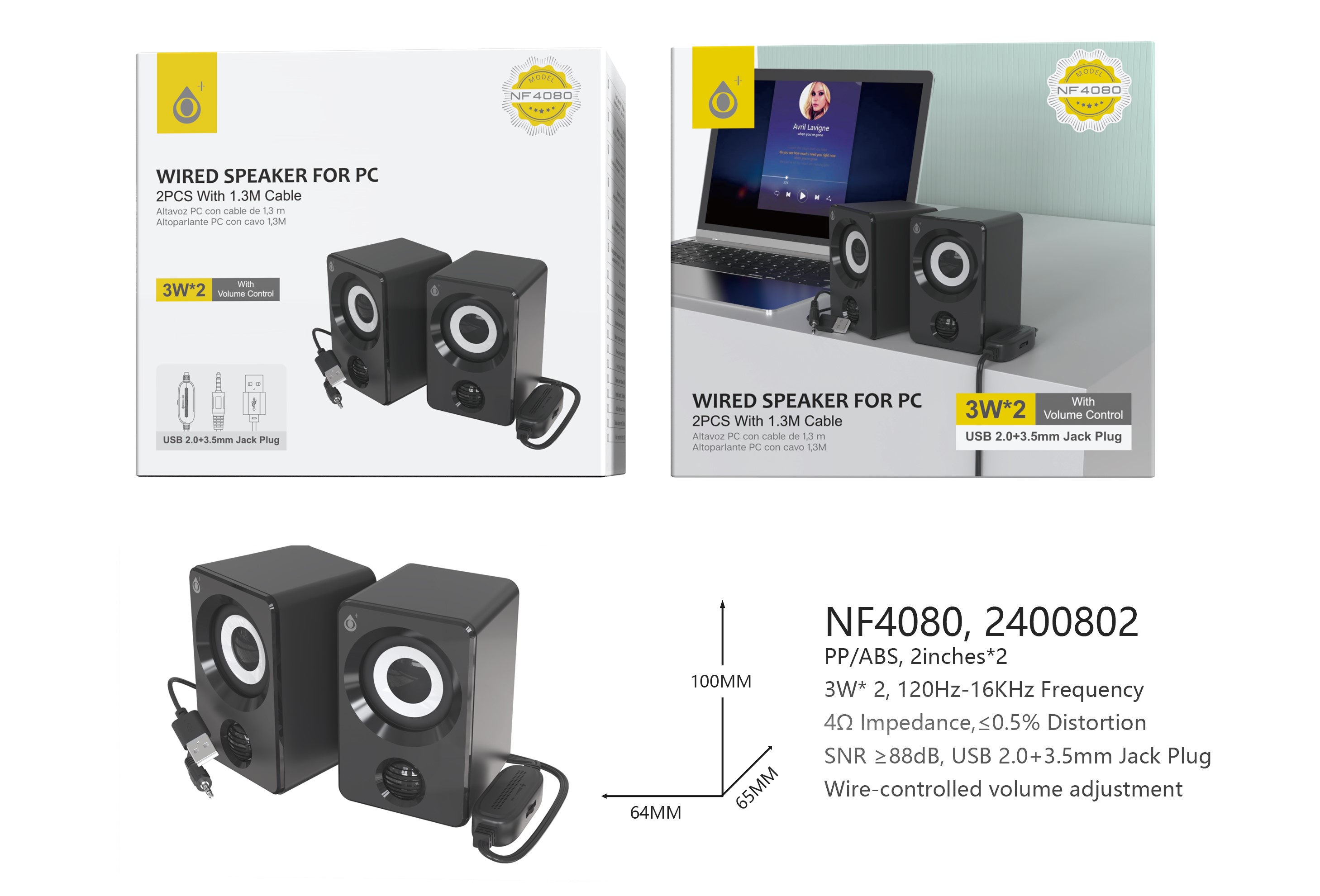 NF4080 NE  Altavoz de Ordenador  con control de volumen,USB 2.0+ Jack 3.5mm, 3W*2, Cable 1.3m, Negro