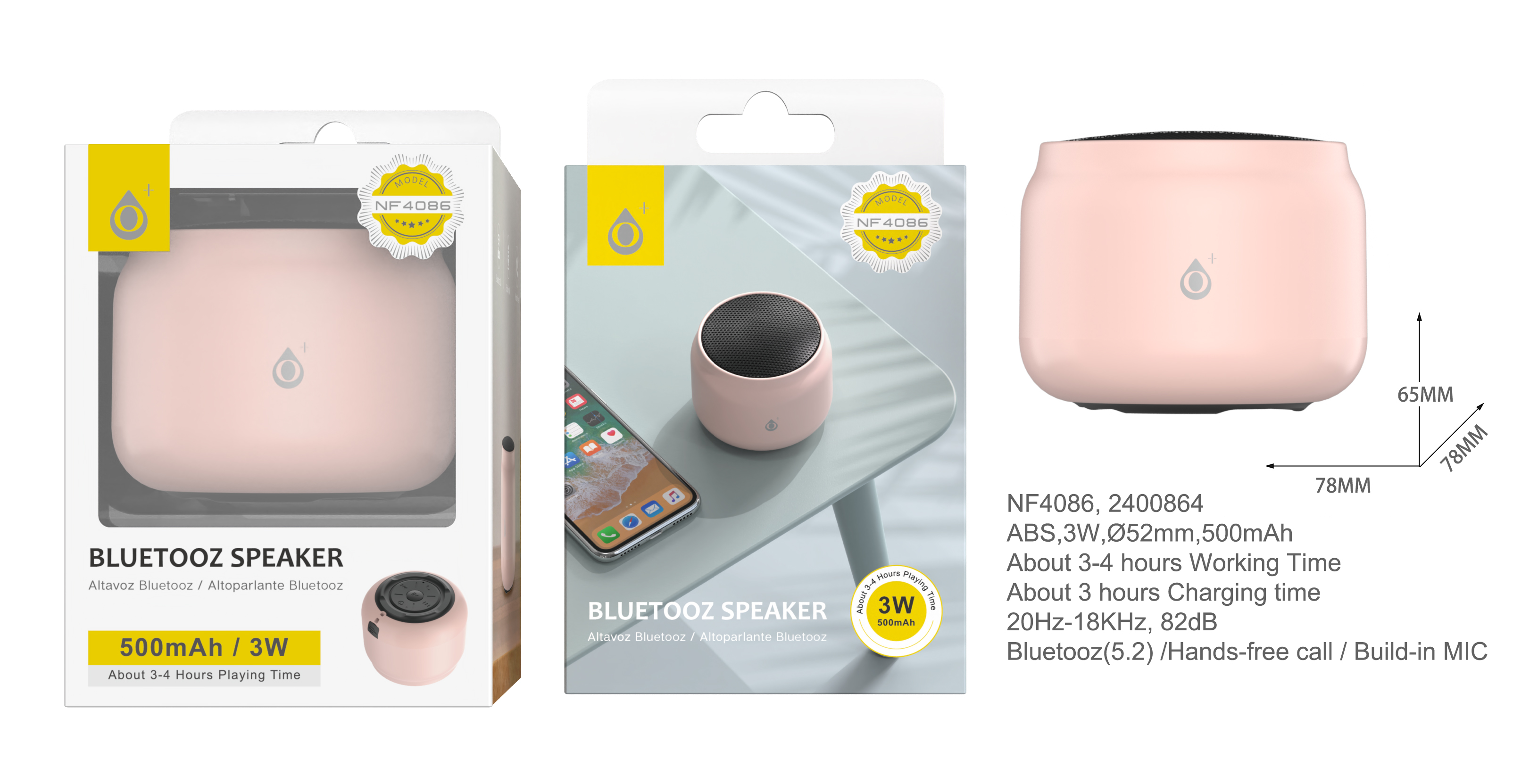 NF4086  RS  Mini Altavoz Blutooth 5.2 con Mano libre  ,Bateria 500mAh/3W, Rosa