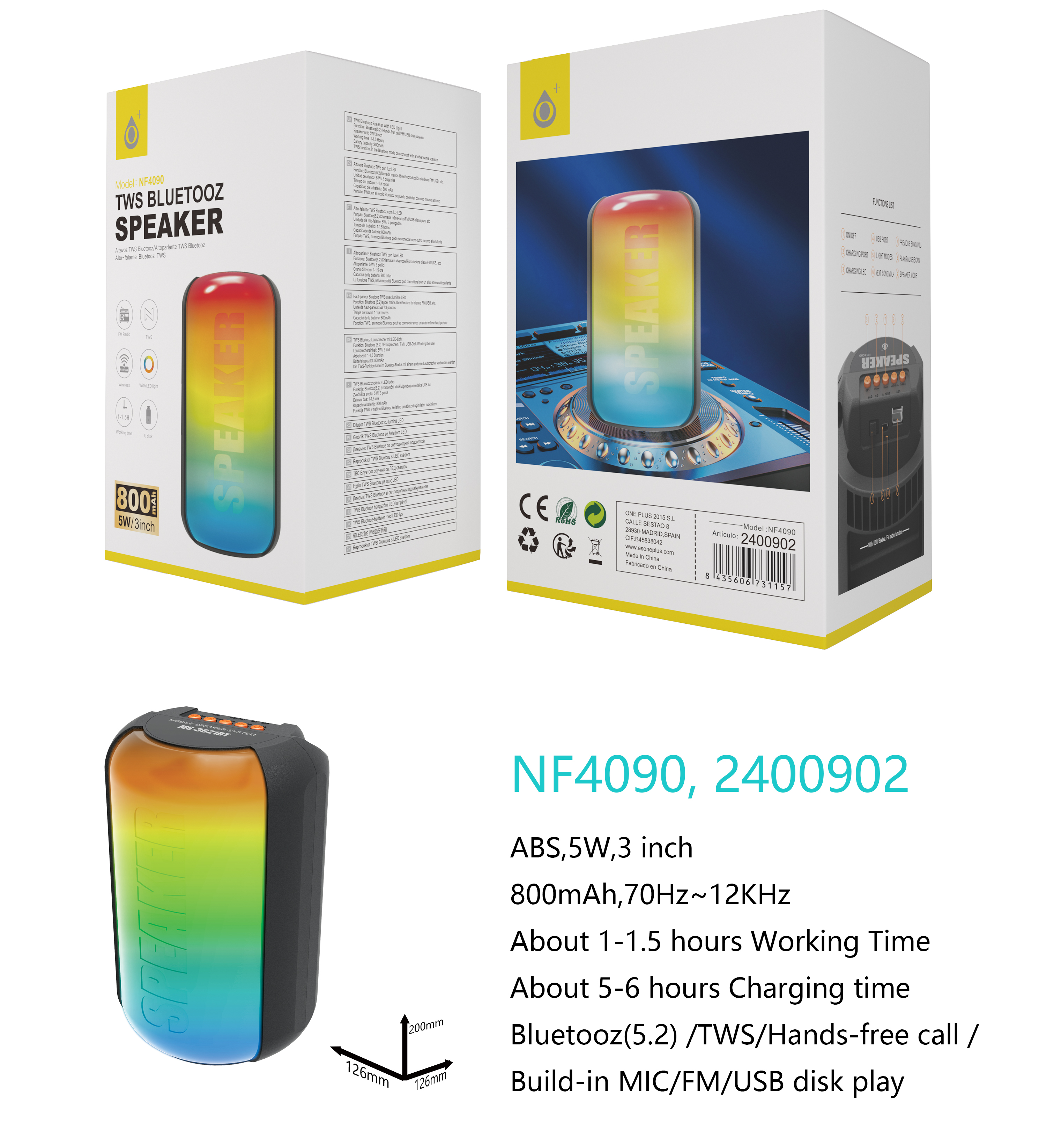 NF4090 NE Altavoz TWS Bluetooth 5.2 con luz LED,Mano libre /Entrada de microfono /USB /FM , Bateria 800mAh/5W, Negro