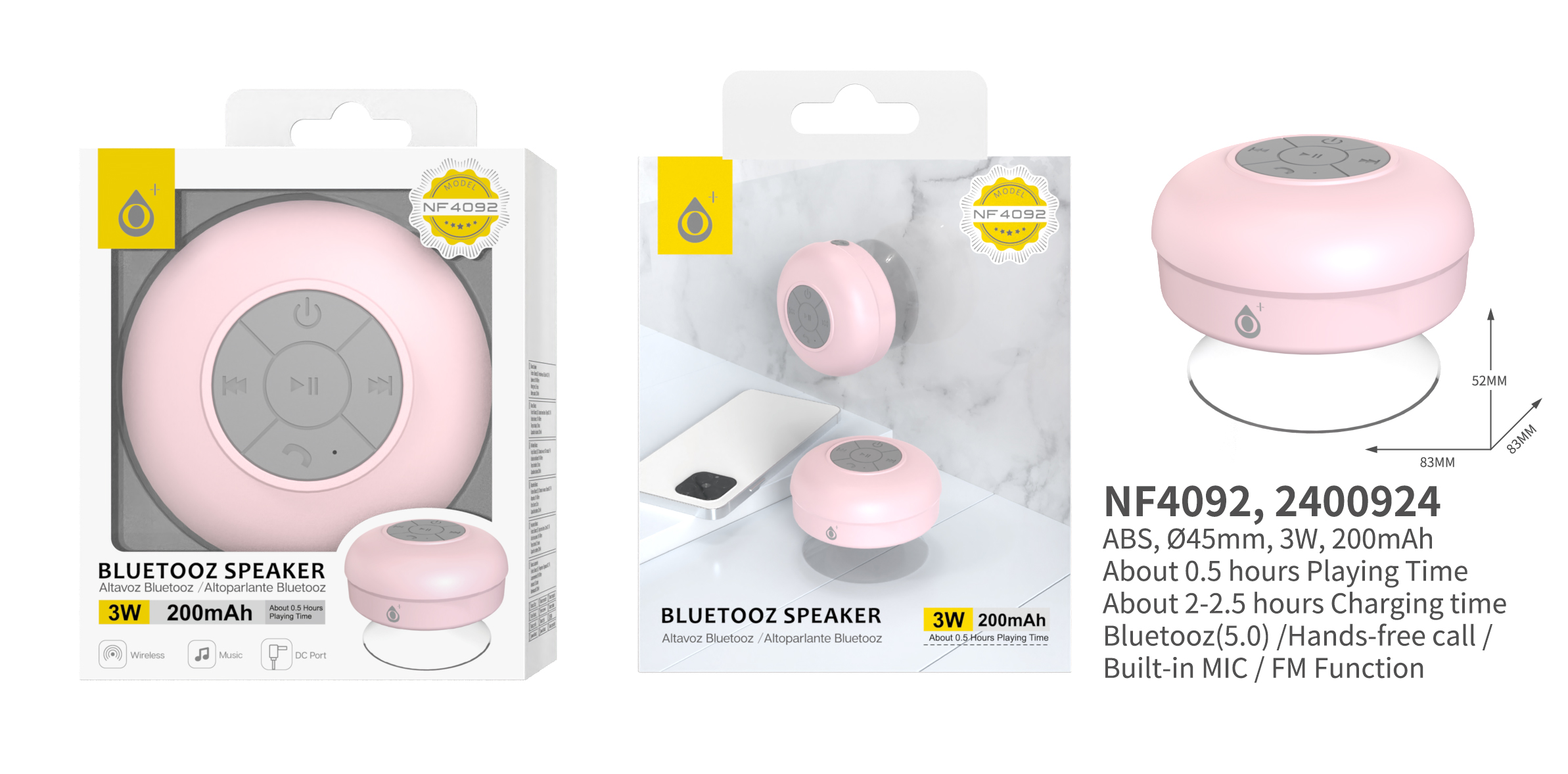 NF4092 RS Mini Altavoz Bluetooth 5.0 , Soporta Mano libre/Entrada de microfono/FM, 3W/200mAh, Rosa