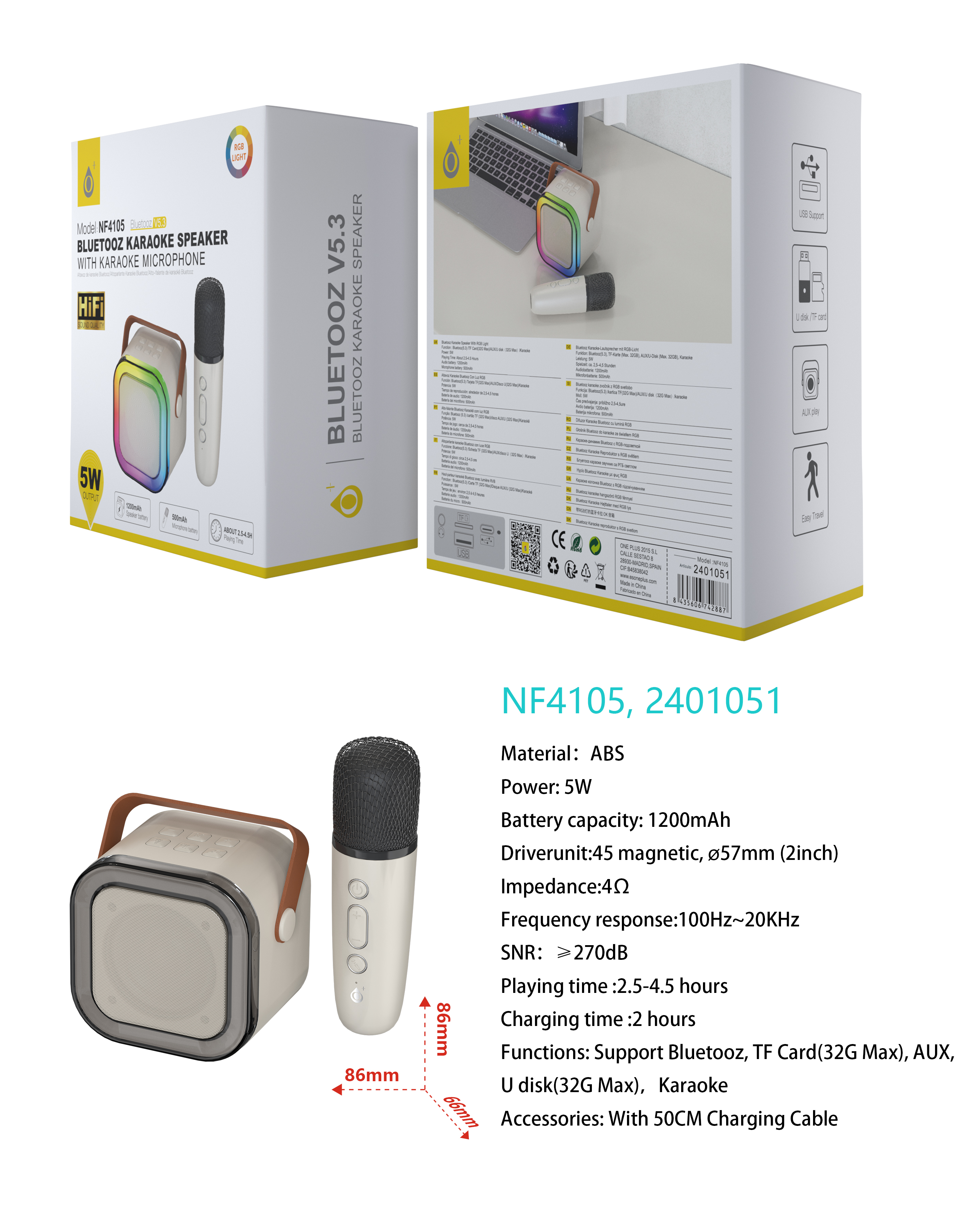 NF4105 BL Hifi Altavoz TWS Coin 5W, BTS V5.3, Bateria 1200mah + 500mah Microfono inalambrico, Luz RGB, Soporta a cable audio y tarjeta TF, 4.5h de uso