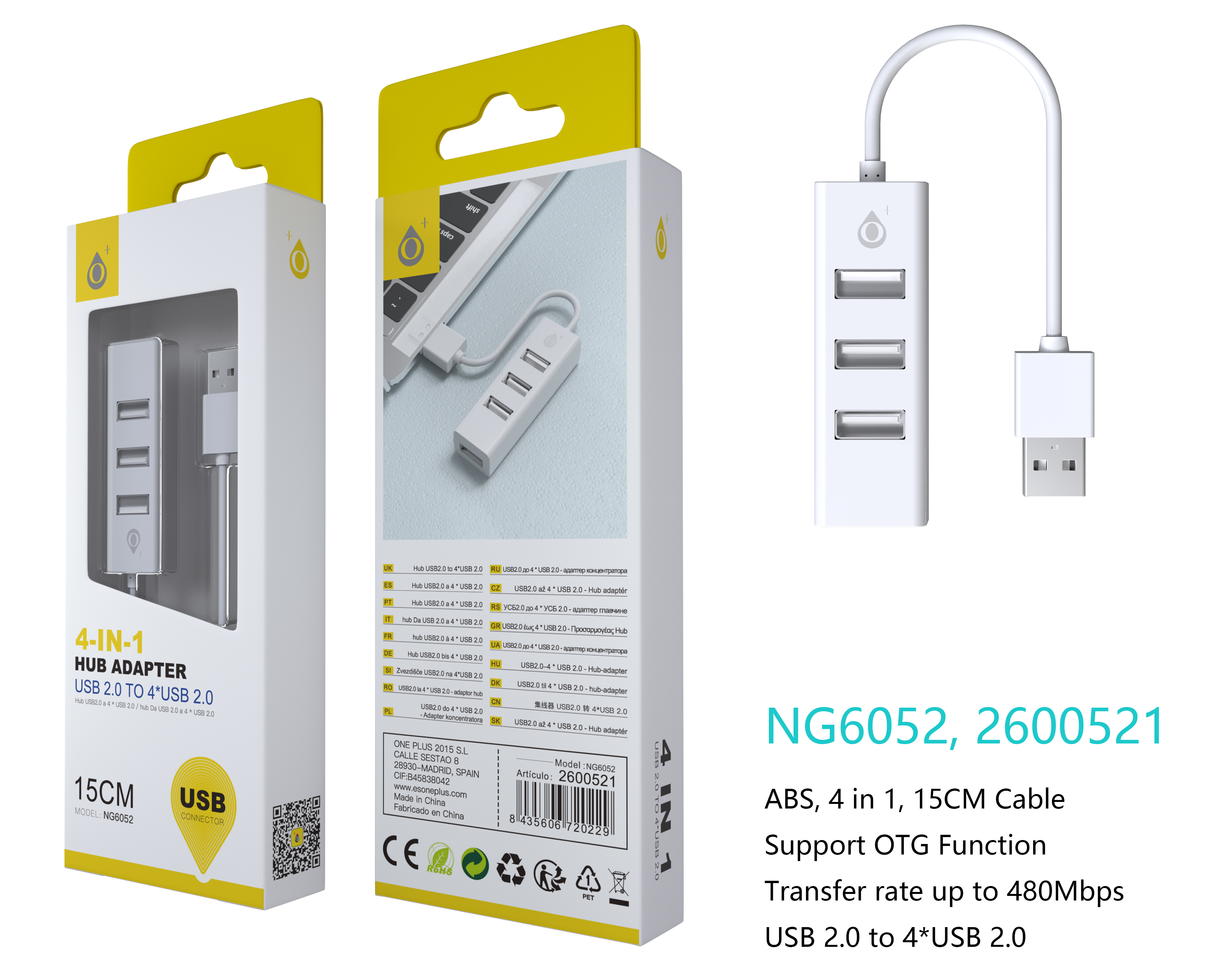 NG6052 BL lector USB Hub con 4 entrada USB Compatible con  OTG ,Blanco