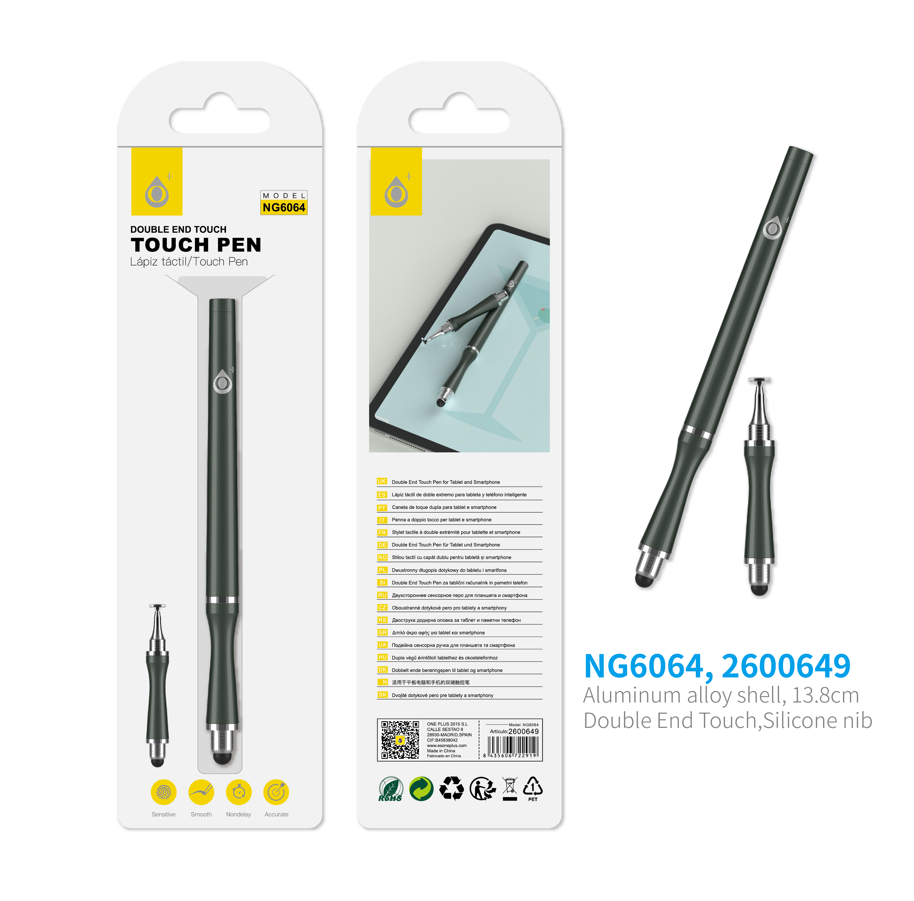 NG6064  GR Puntero Aluminio con doble punta Intercambiable  para movil y tablet ,Gris
