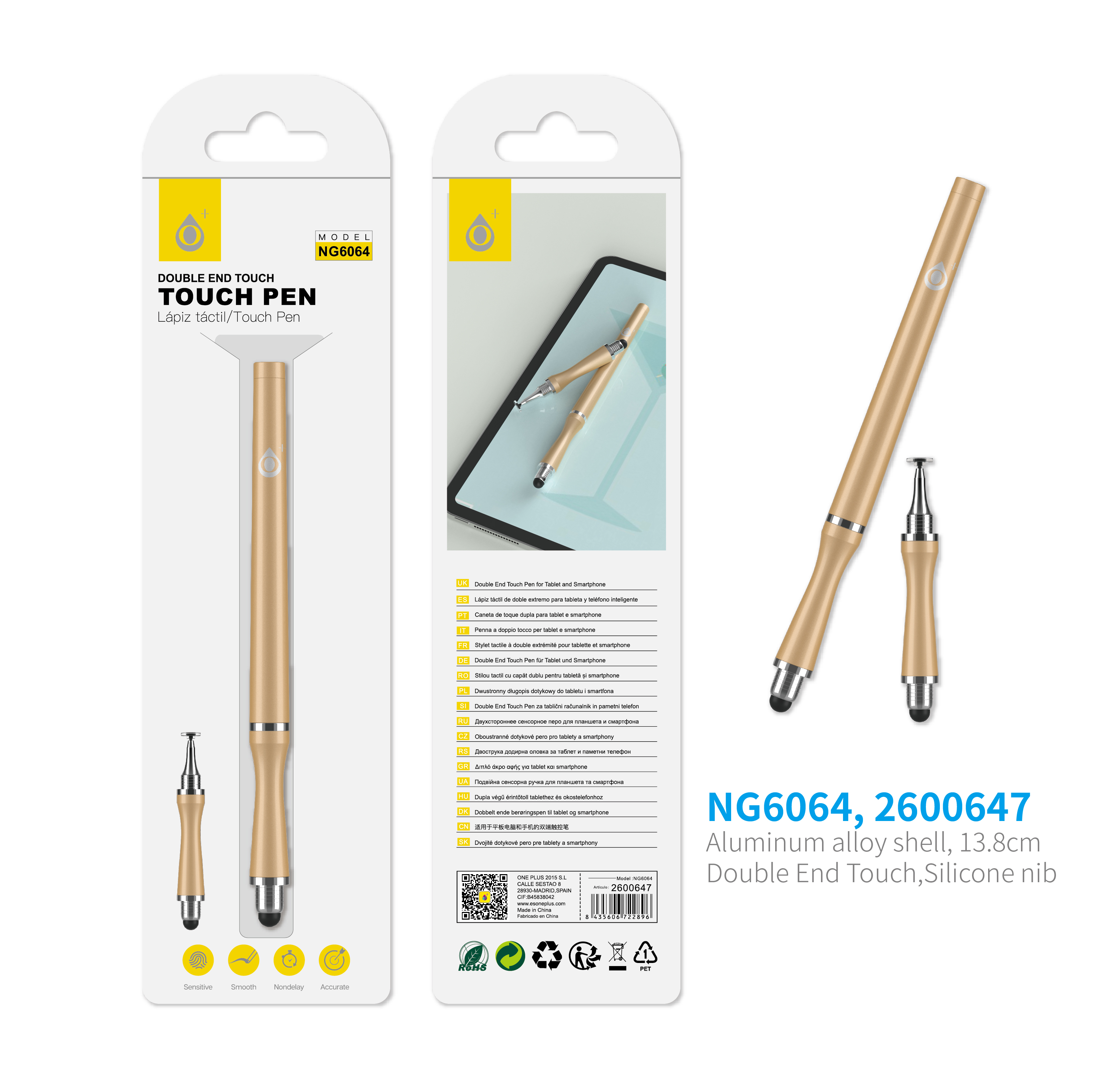 NG6064  OR Puntero Aluminio con doble punta Intercambiable  para movil y tablet ,Oro
