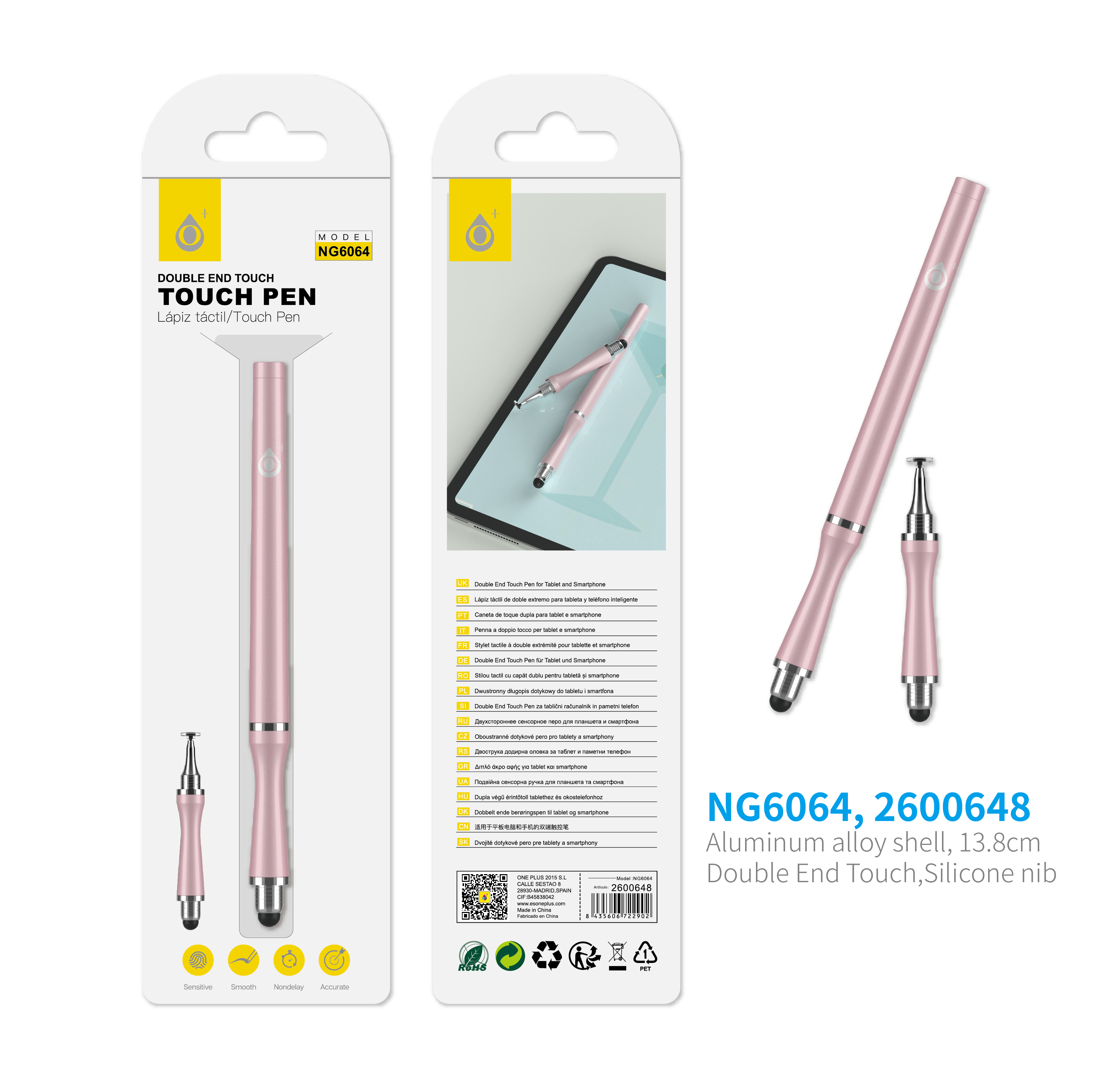 NG6064  RS+OR Puntero Aluminio con doble punta Intercambiable  para movil y tablet ,Rosa+Oro