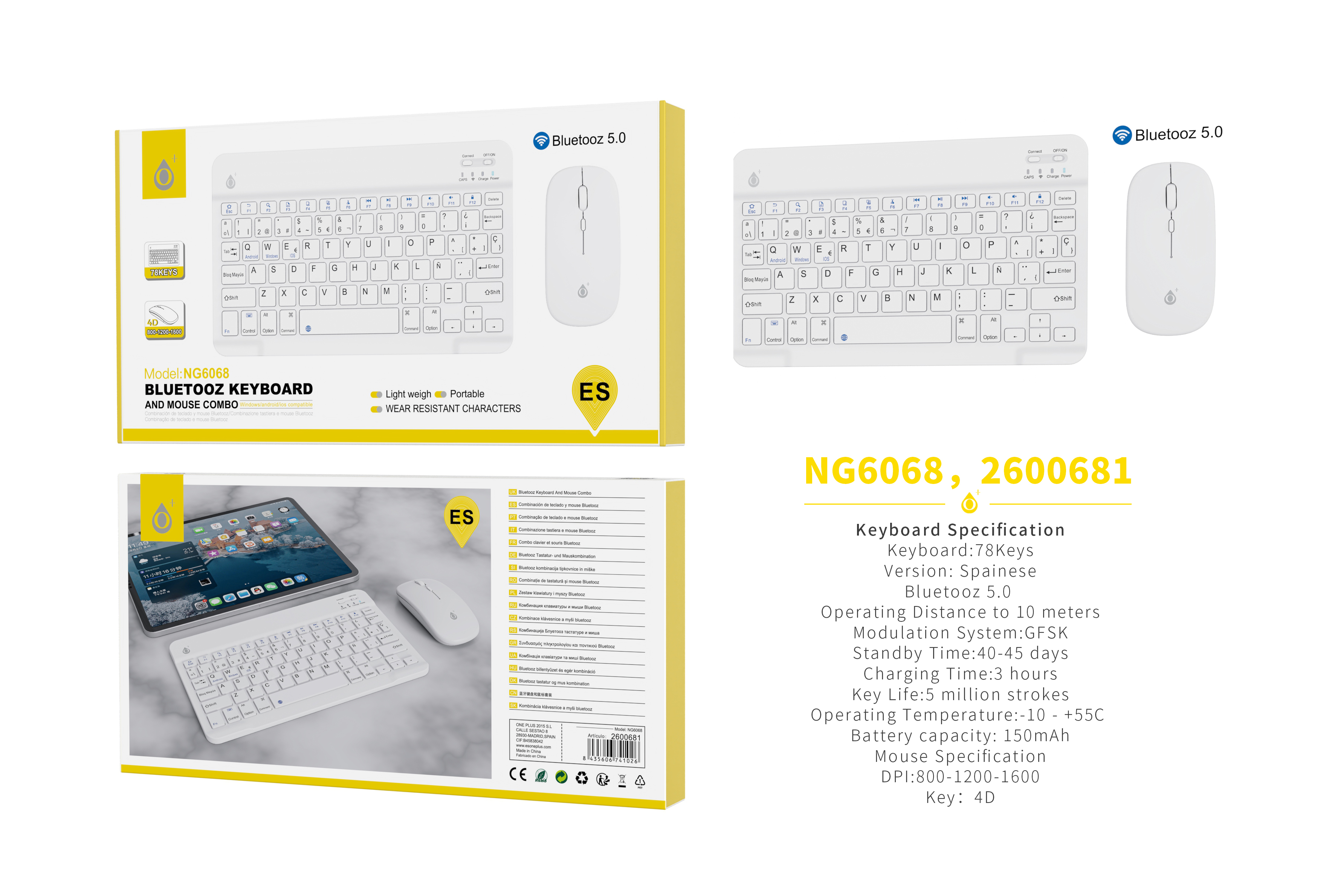 NG6068 BL Conjunto Teclado y Raton Bluetooth 5.0 Inambrico Espanol 78 Keys, Blanco