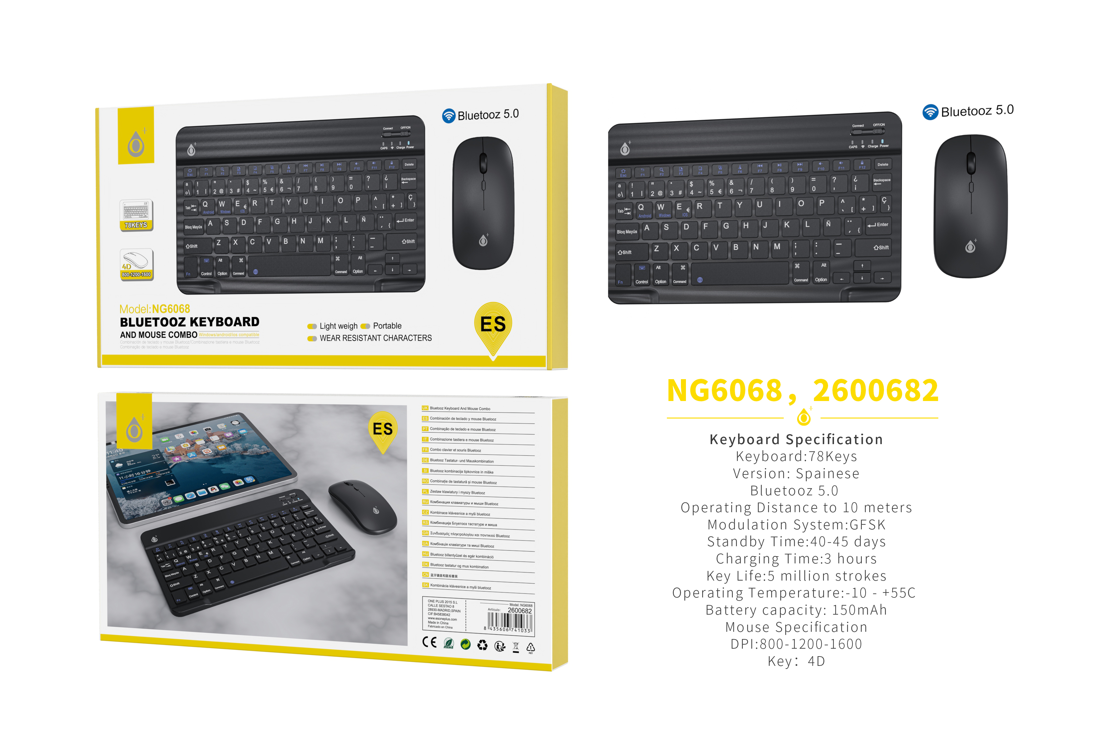 NG6068 NE Conjunto Teclado y Raton Bluetooth 5.0 Inambrico Espanol 78 Keys, Negro