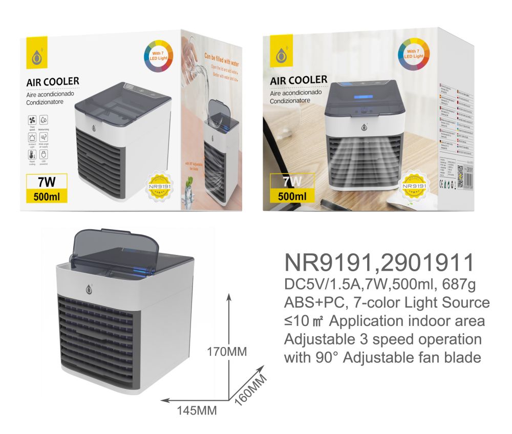 NR9191 BL Aire Acondicionador Portatil Capacidad Agua 500ml, 7W, con Ventilador Ajustable 90 grados,