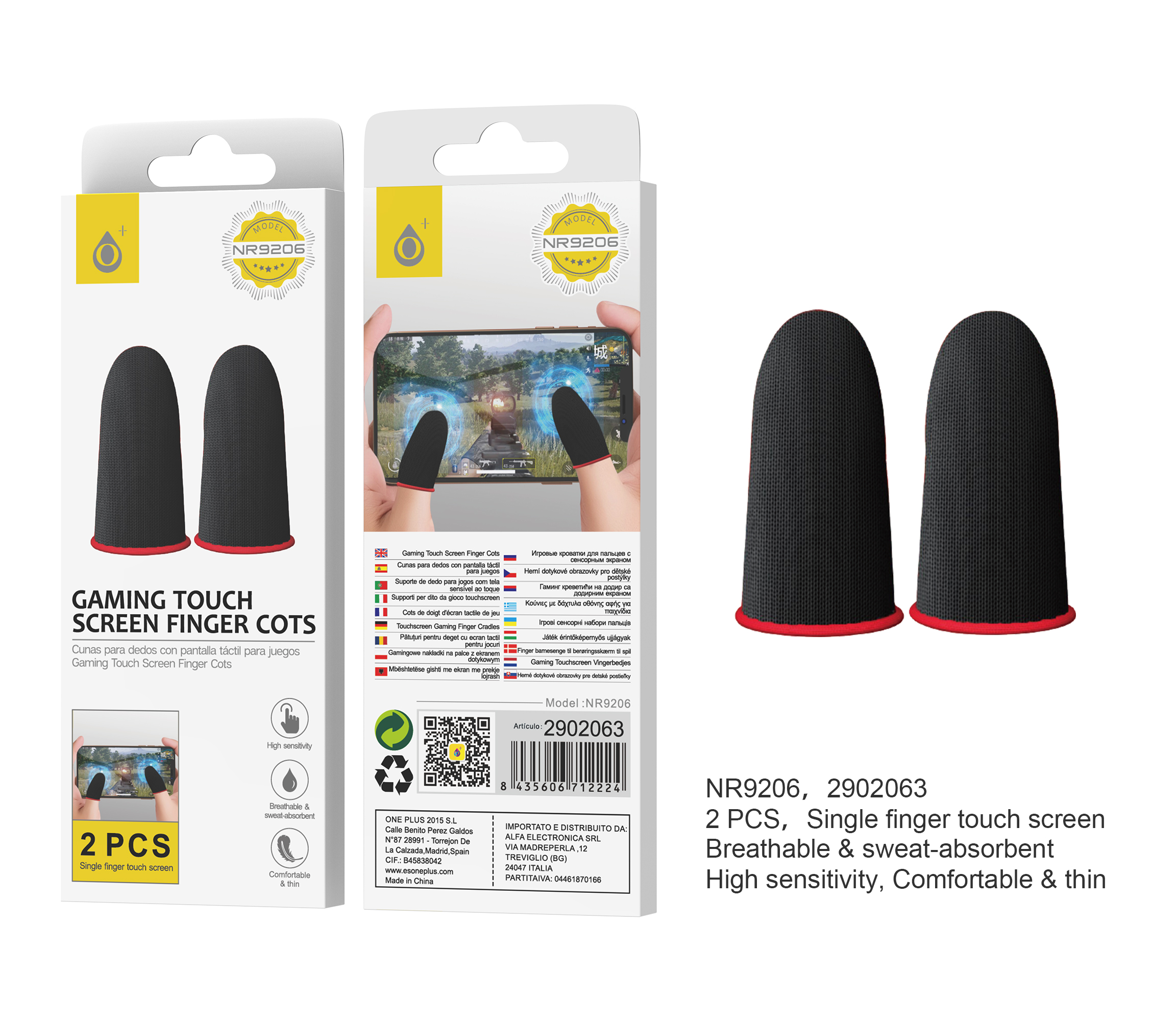 NR9206 RJ Mangas para Dedos de Juegos moviles, para 2 dedos, Antisudor y Comodo, con Alta sensibilidad Rojo