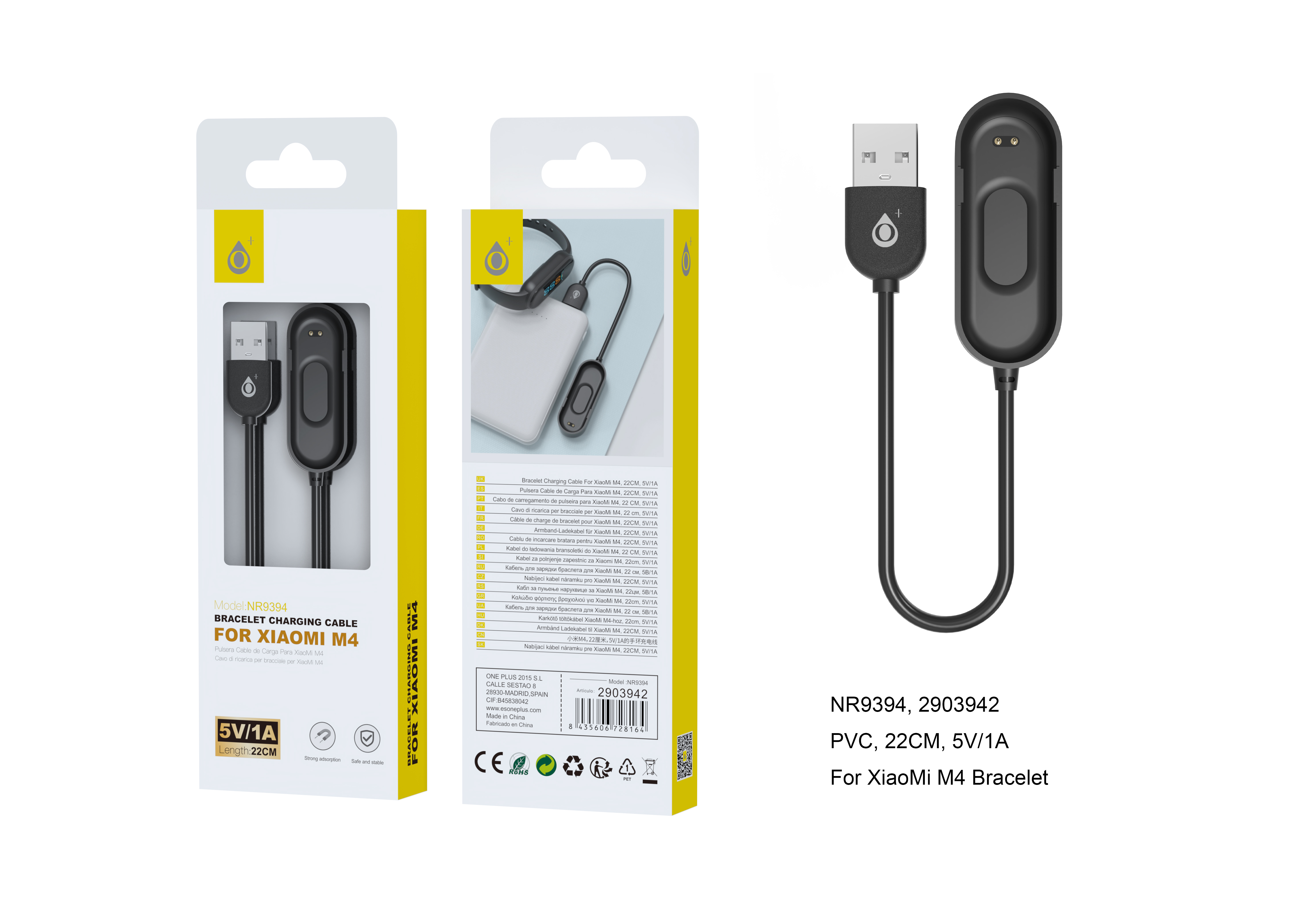NR9394 NE Cable de Carga USB para pulsera  de XIAOMI M4,5V/1A, Cable 22CM, Negro