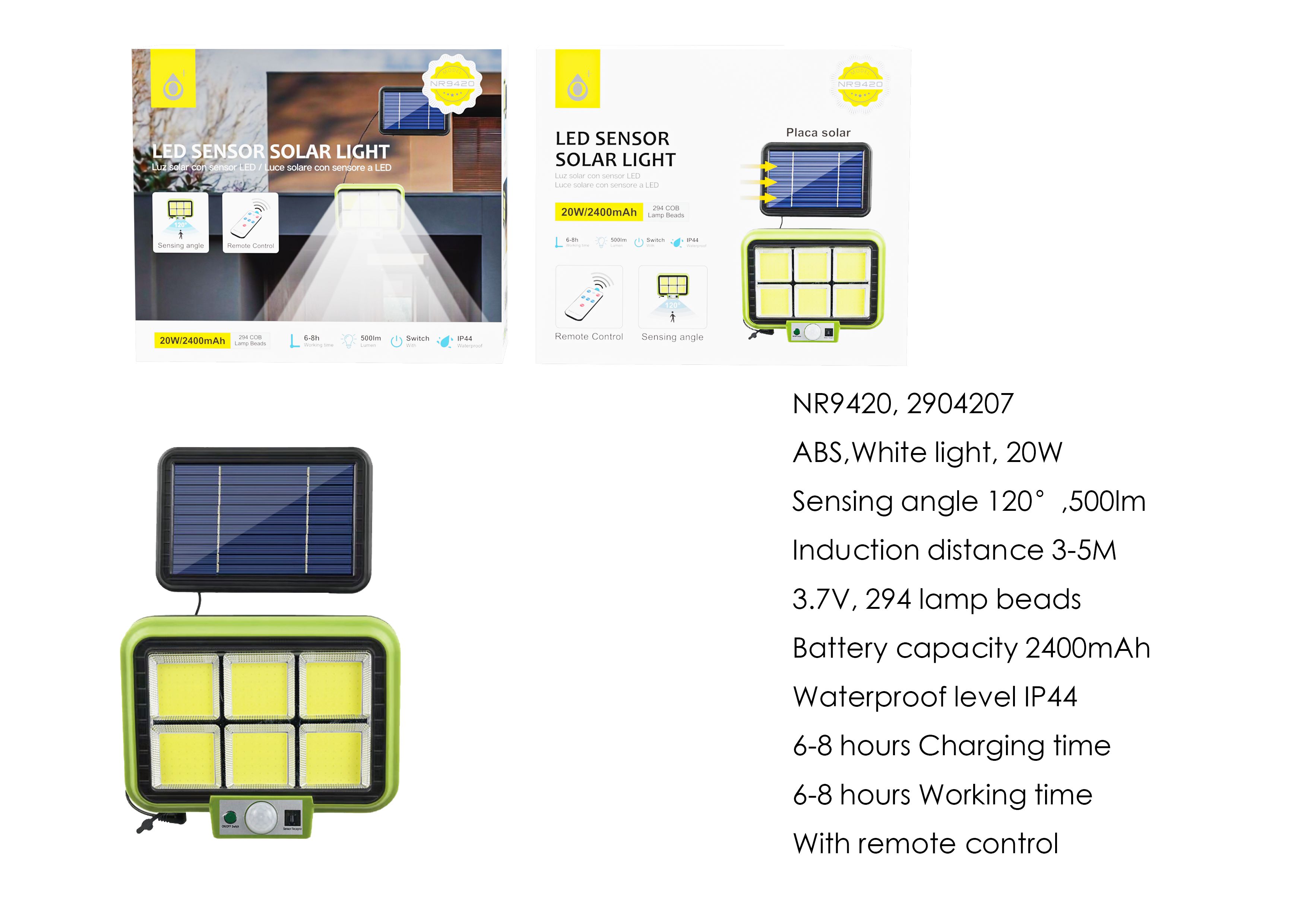 NR9420 NE Lampara solar LED con 294 luces para exterior incluye mando, con sensor de movimiento 3-5m, Angulo de  120°,IP44,20W/2400mAh/3.7v/500lumen,