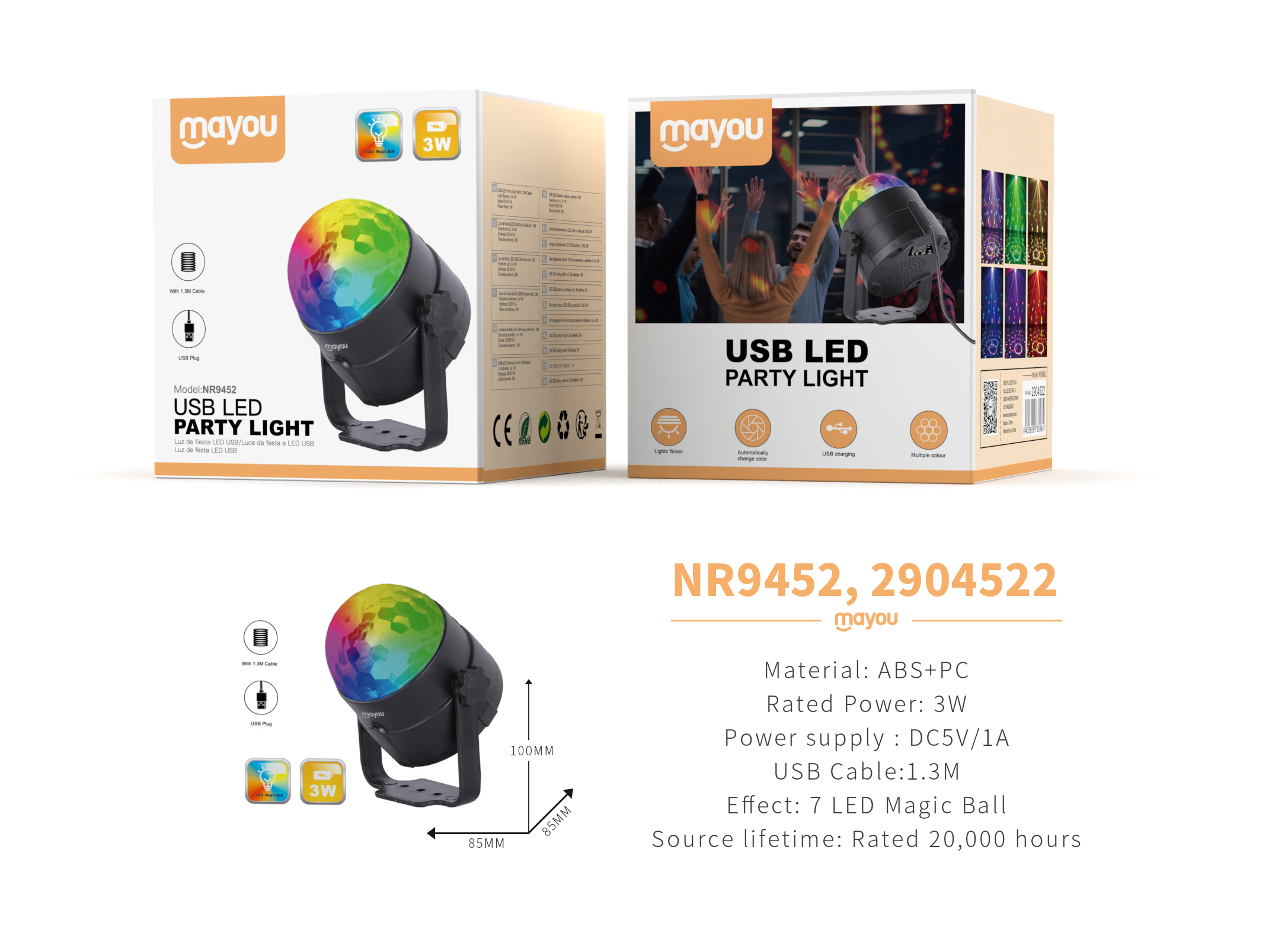 NR9452 NE Luces de Fiesta, Luz LED con 7 colores, 3W, Con cable USB 1.35M, Negro