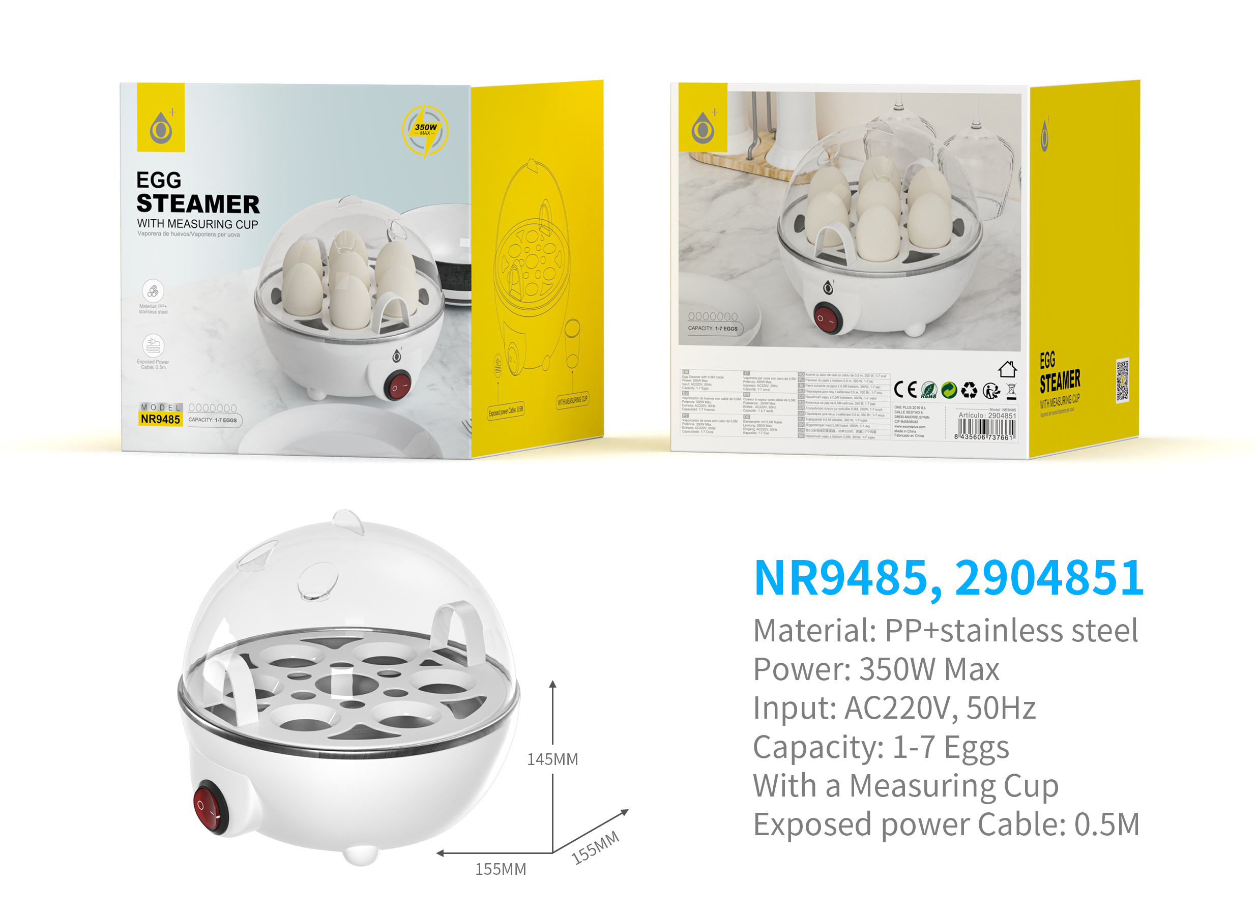 NR9485 BL Hervidor de Huevos Electronico, 350W para hasta 7 huevos, cable 0.5m, Blanco