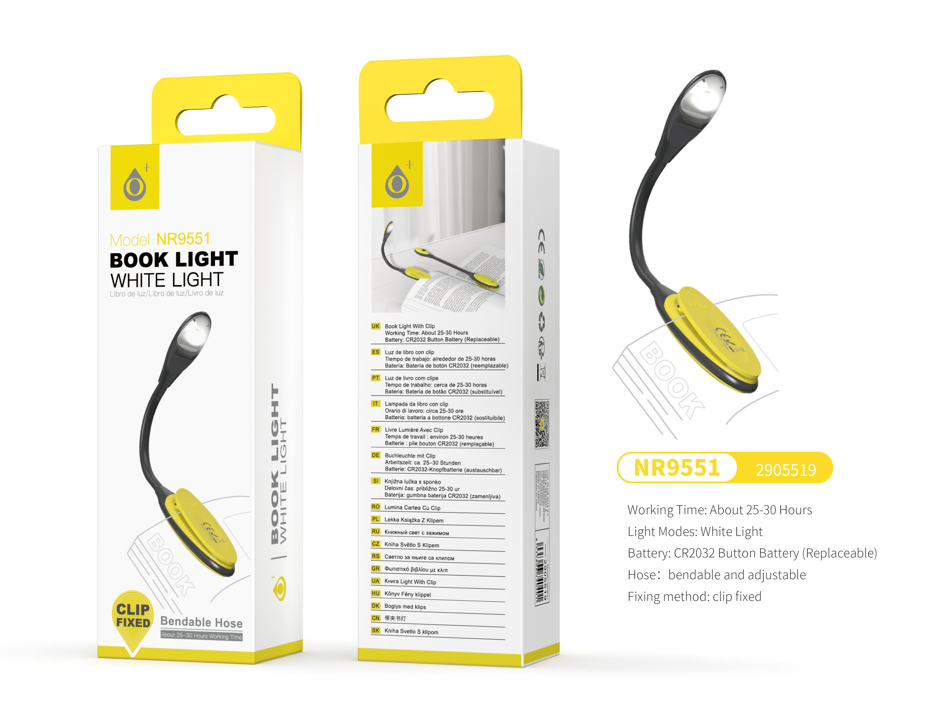 NR9551 NE+AM Mini Lampara de Libro con Pinza, Luz fria, Brazo flexible, Bateria de Boton CR2032(Incl