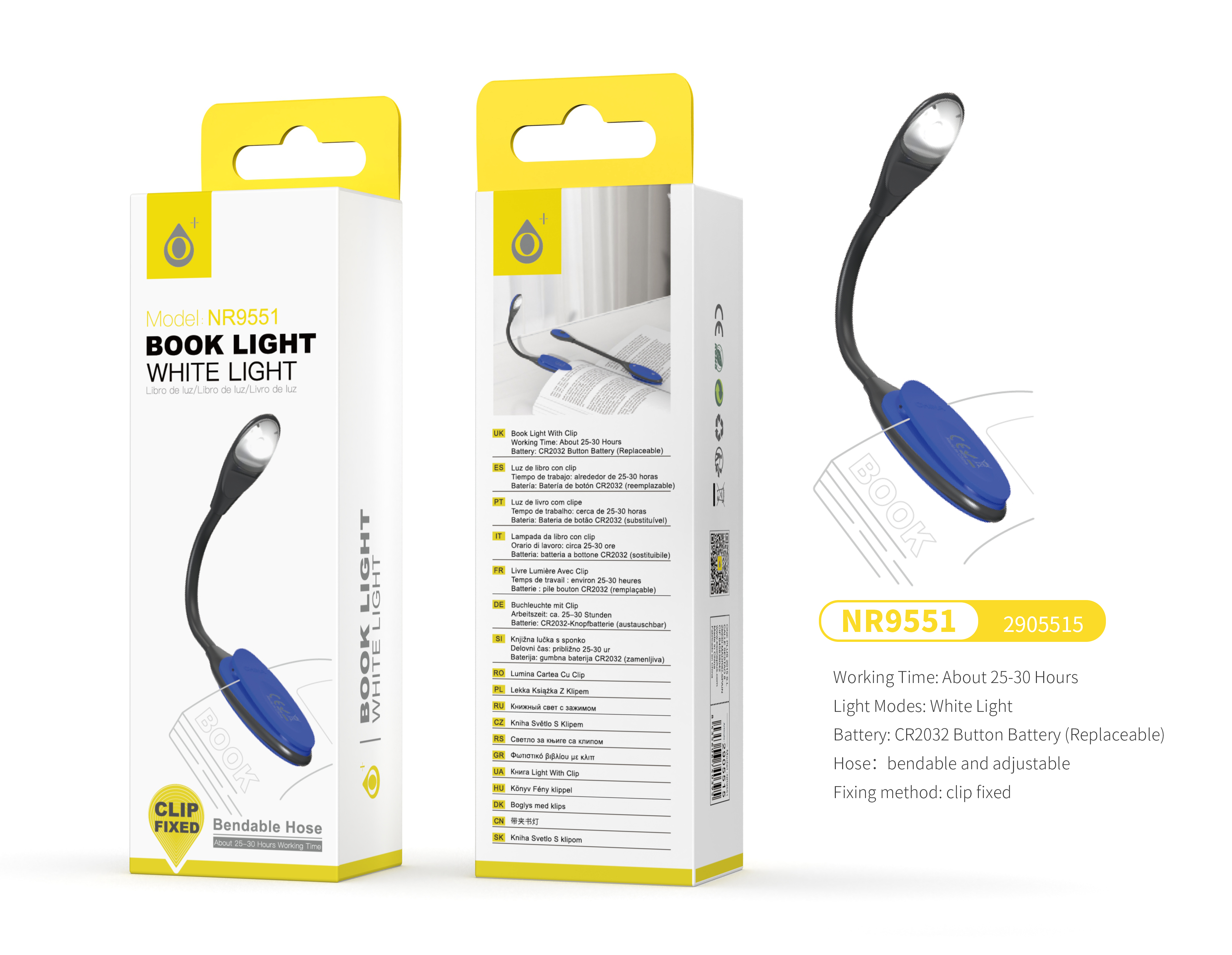 NR9551 NE+AZ Mini Lampara de Libro con Pinza, Luz fria, Brazo flexible, Bateria de Boton CR2032(Incl