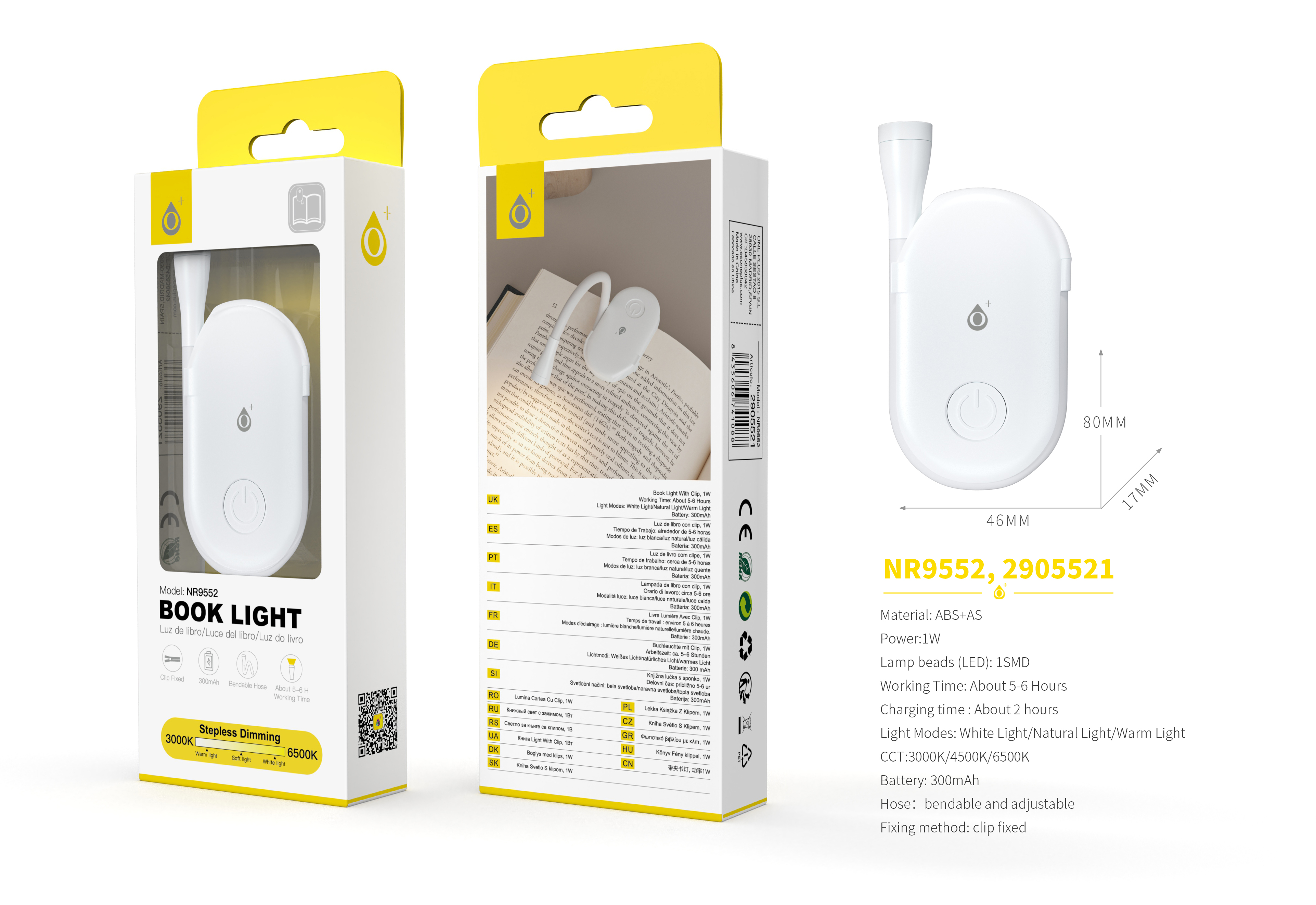 NR9552 BL Mini Lampara de Libro con Pinza,Brazo flexible, 3 tonos de luz 3000/4500/6500K, Bateria re