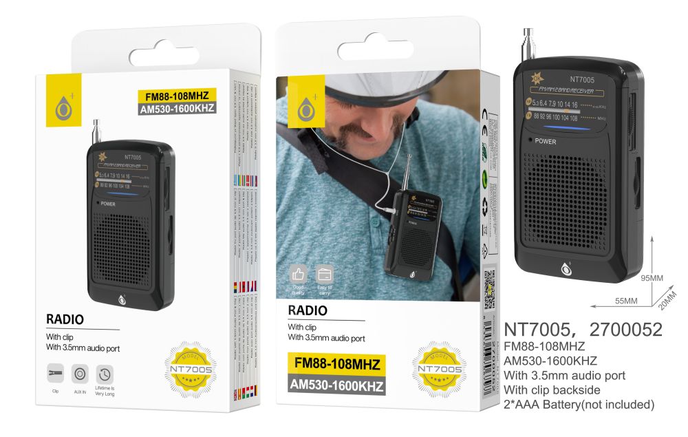 NT7005 NR Radio portátil AM/FM con Antena, 3.5 MM Connector, Bateria 2*AAA (No incluido),Con Clip De