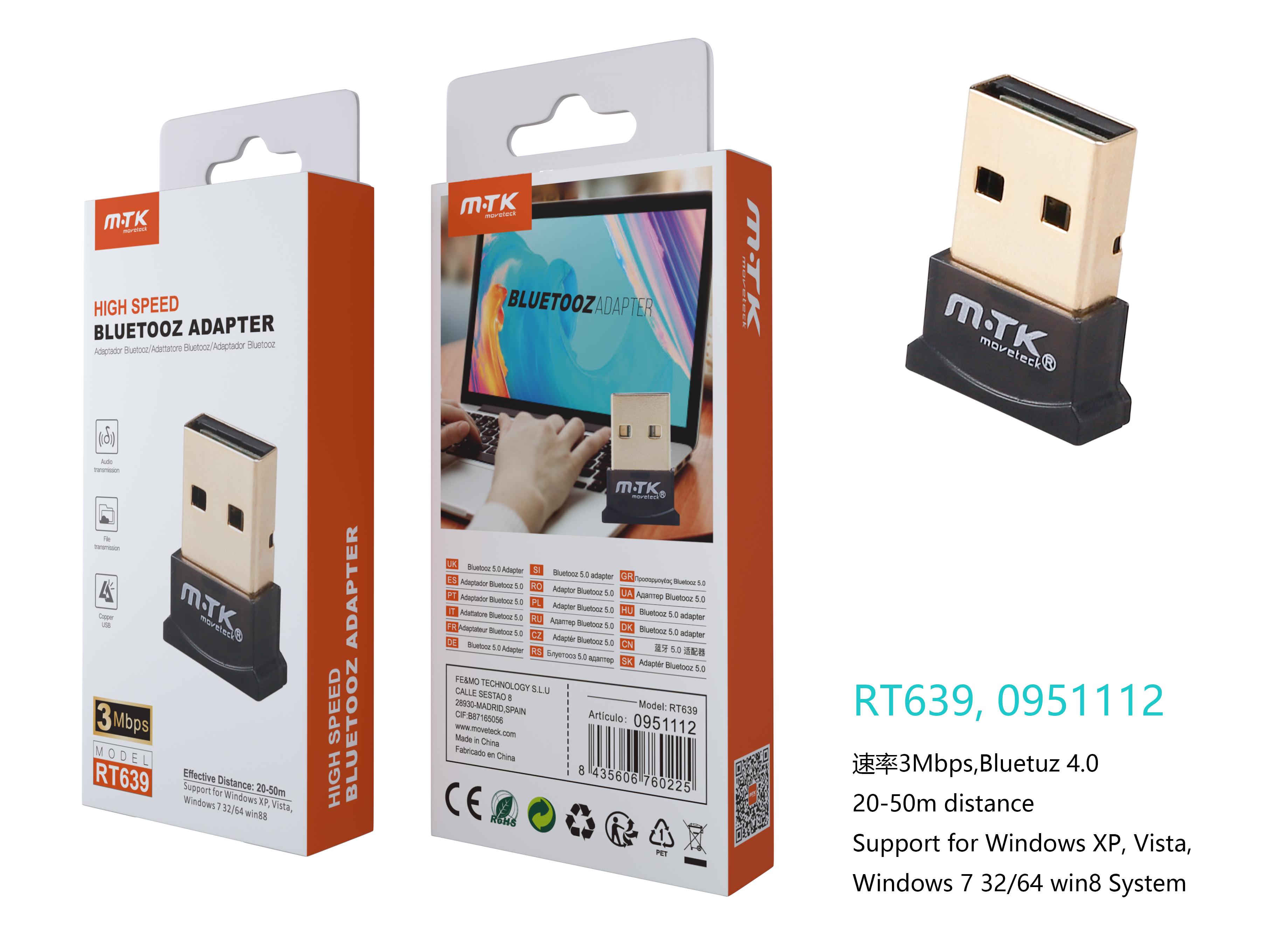 RT639 NE Adaptador USB Bluetooth 4.0, distancia de trabajo 20-50m, Negro