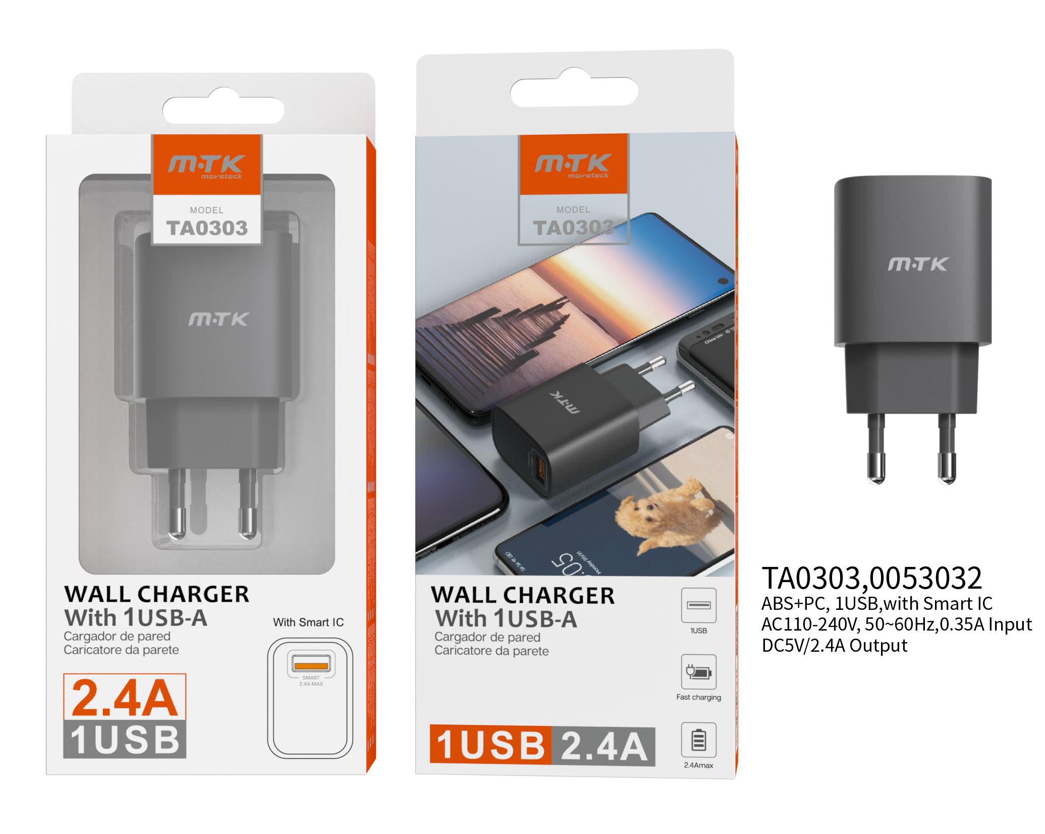 TA0303 NE Cargador de Pared Milky sin Cable con Chip de Reconocimiento Inteligente,  1 USB, 5V, 2.4A, Negro