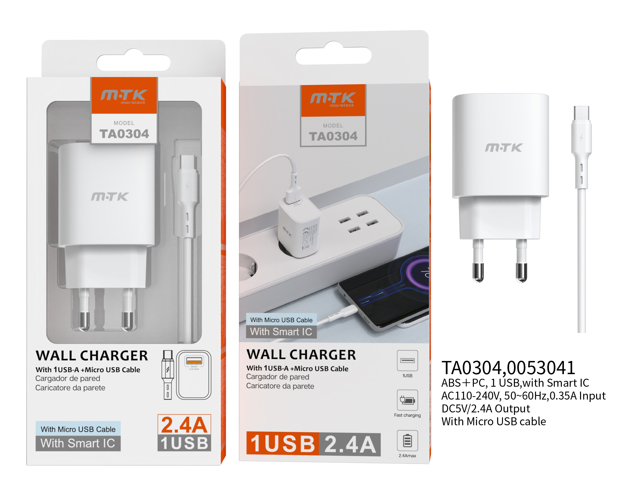 TA0304 BL Cargador de Pared Milky, Con Cable Micro USB, con Chip de Reconocimiento Inteligente,  1 USB, 2.4A, Blanco
