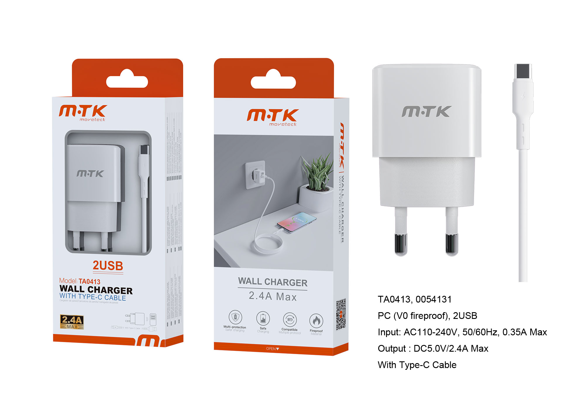 TA0413 BL Luxury Cargador de Red Ayme, 2 puerto USB-A, Con Cable Type-C, 2.4A(Max), Blanco