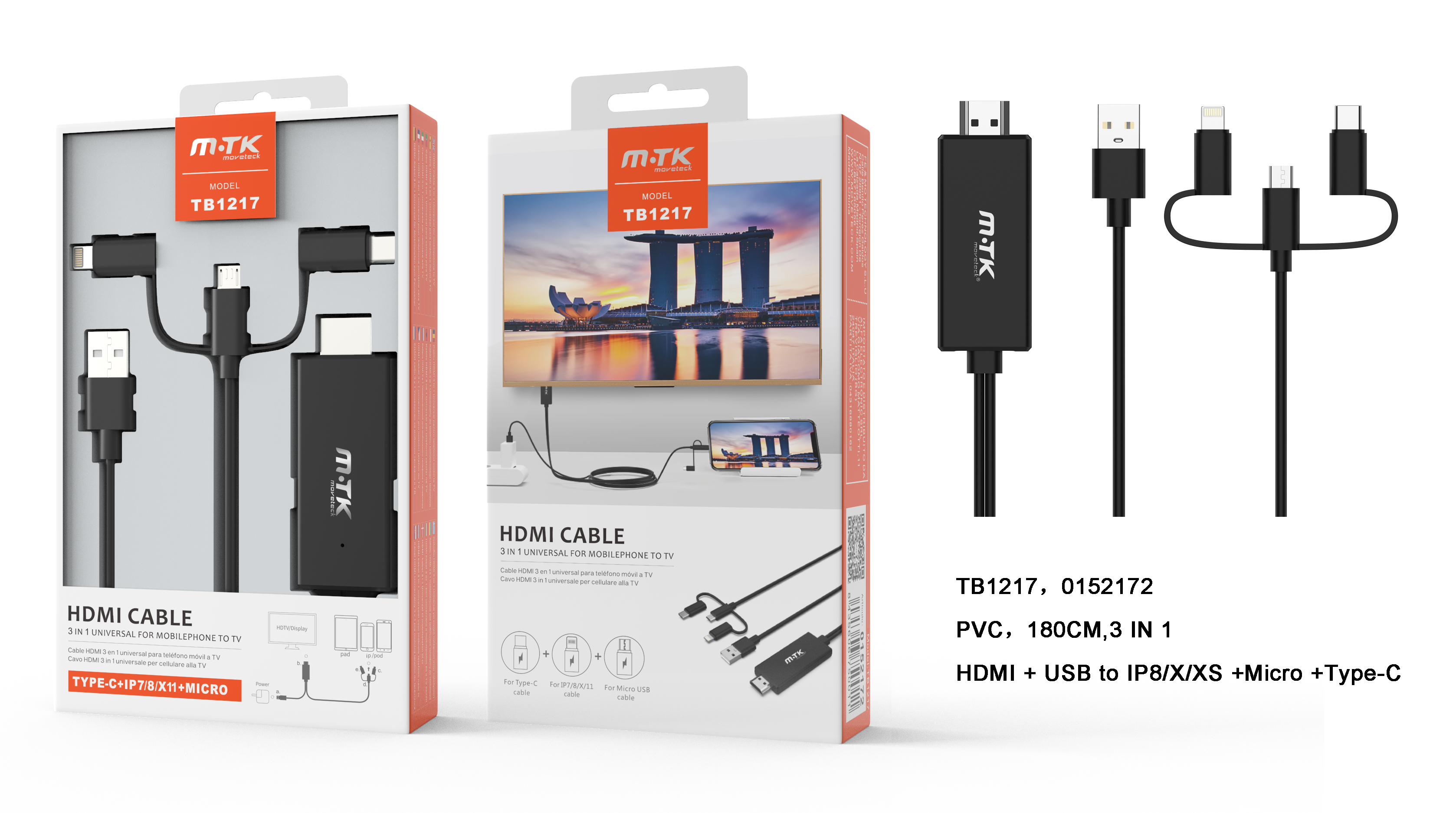 TB1217 NE Cable HDMI de Moviles y Tablets a TV, con 3 conectores en 1 (Micro USB + IP 5-X + Type C), 1080P, Negro