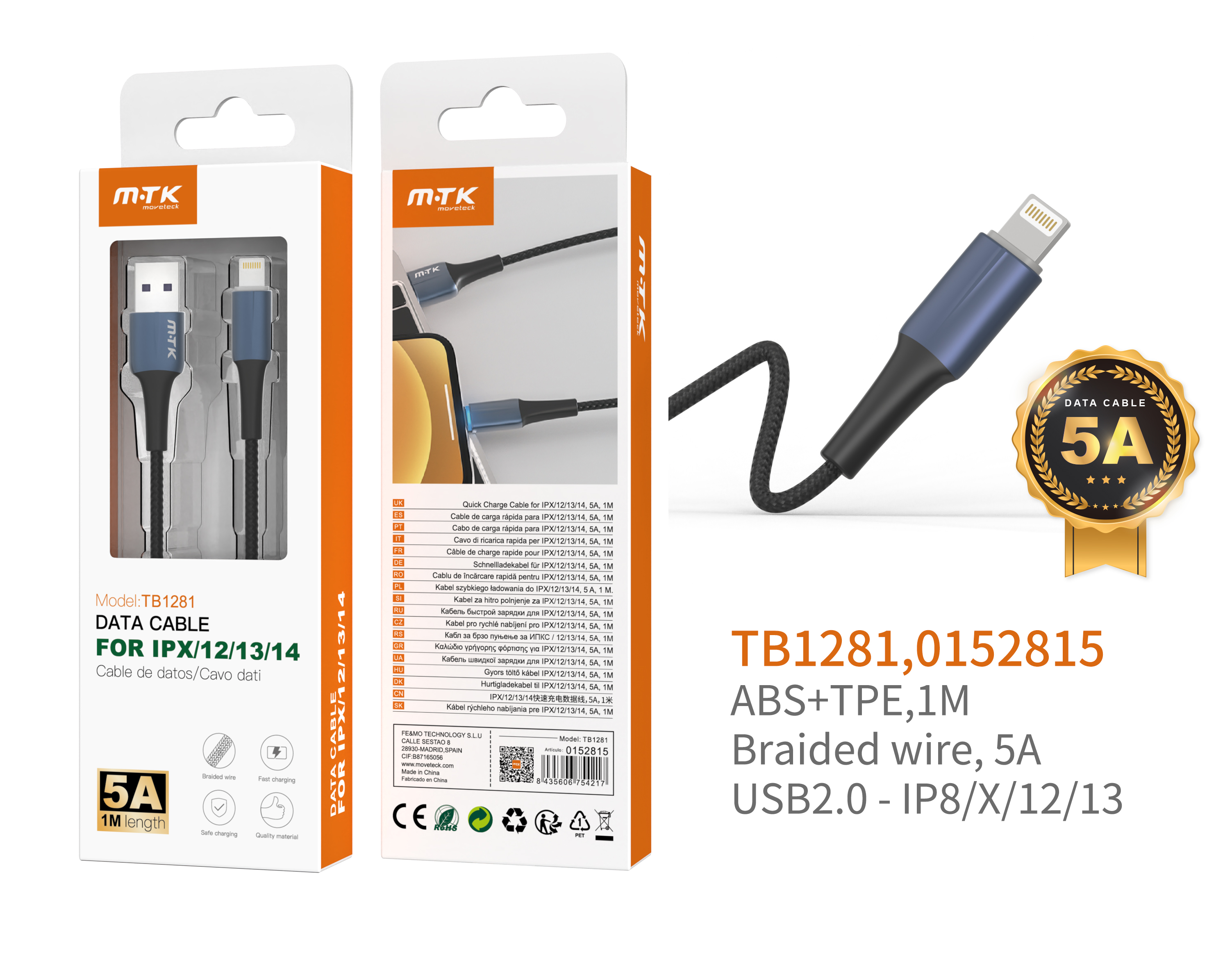 TB1281 AZ Cable de Datos Metal Sword para IP 5-12, Cable Nylon trenzado con Luz LED Azul, 1M, 5A, Azul