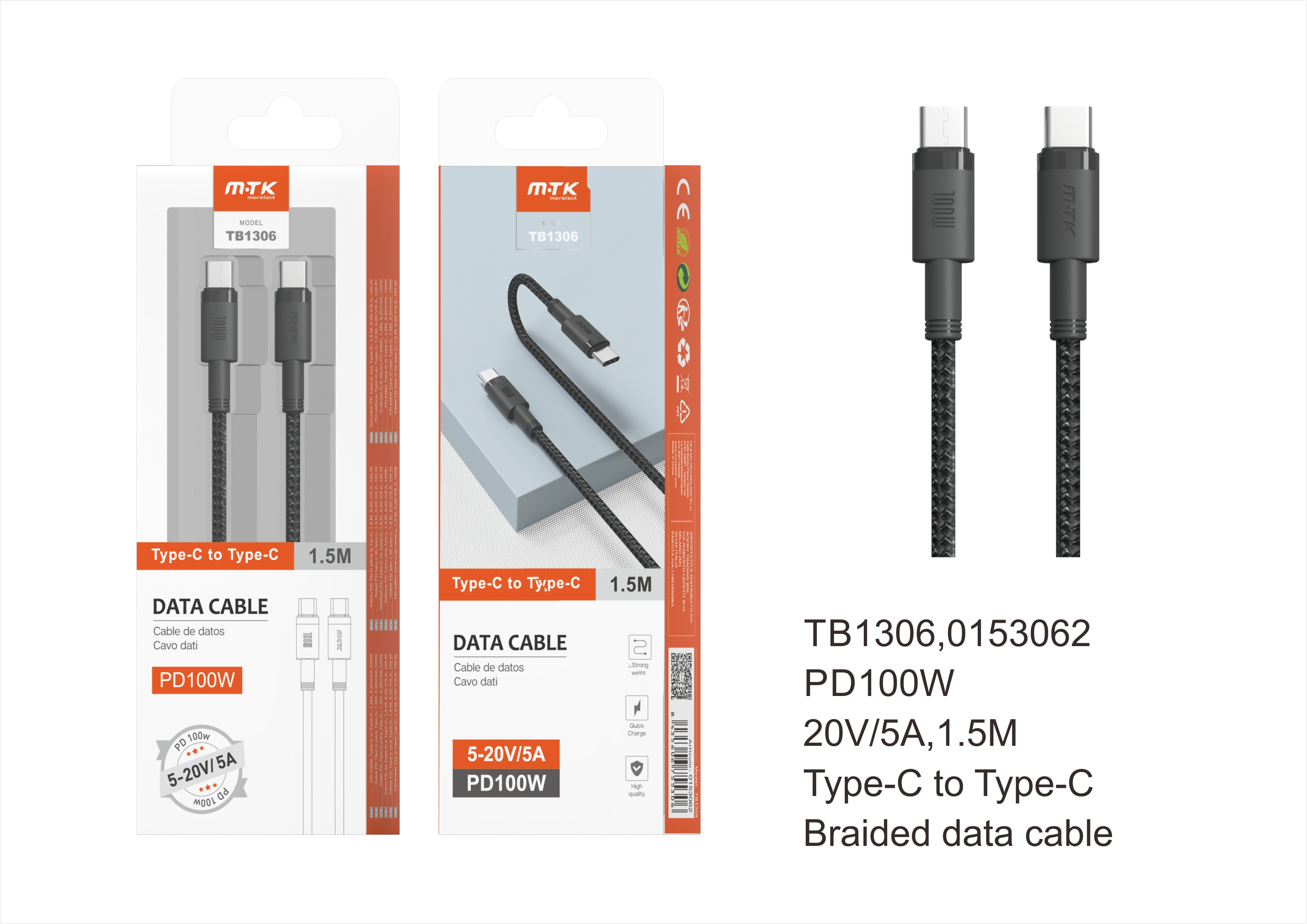 TB1306 NE Cable de Datos  trenzado Agnes  Type C a Type C, Funcion de  SuperCarga PD, 100W compatible para Portatiles y Moviles,1.5M, Negro