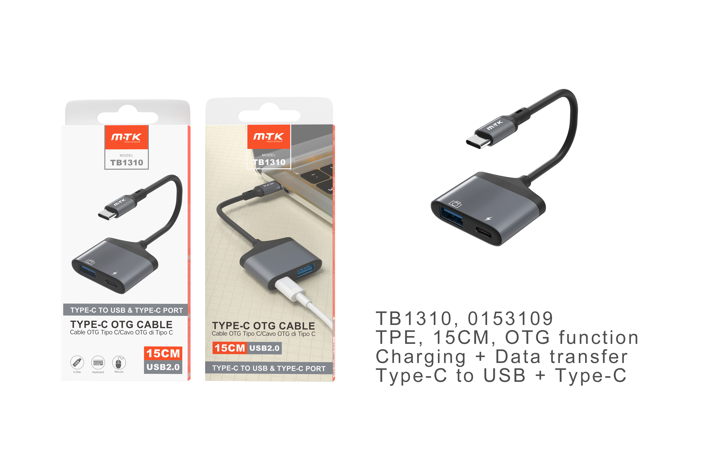 TB1310 NE Cable OTG 2 En 1  TYPE C a Carga TYPE C +USB2.0 , 0,15M, Negro