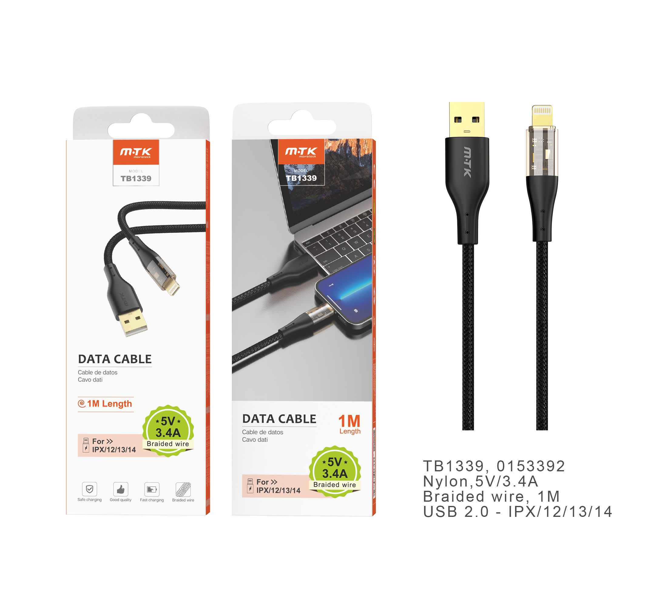 TB1339 NE Cable de datos Smith nylon trenzado para Iphone 5-14 , 5V/3.4A, 1M, Negro