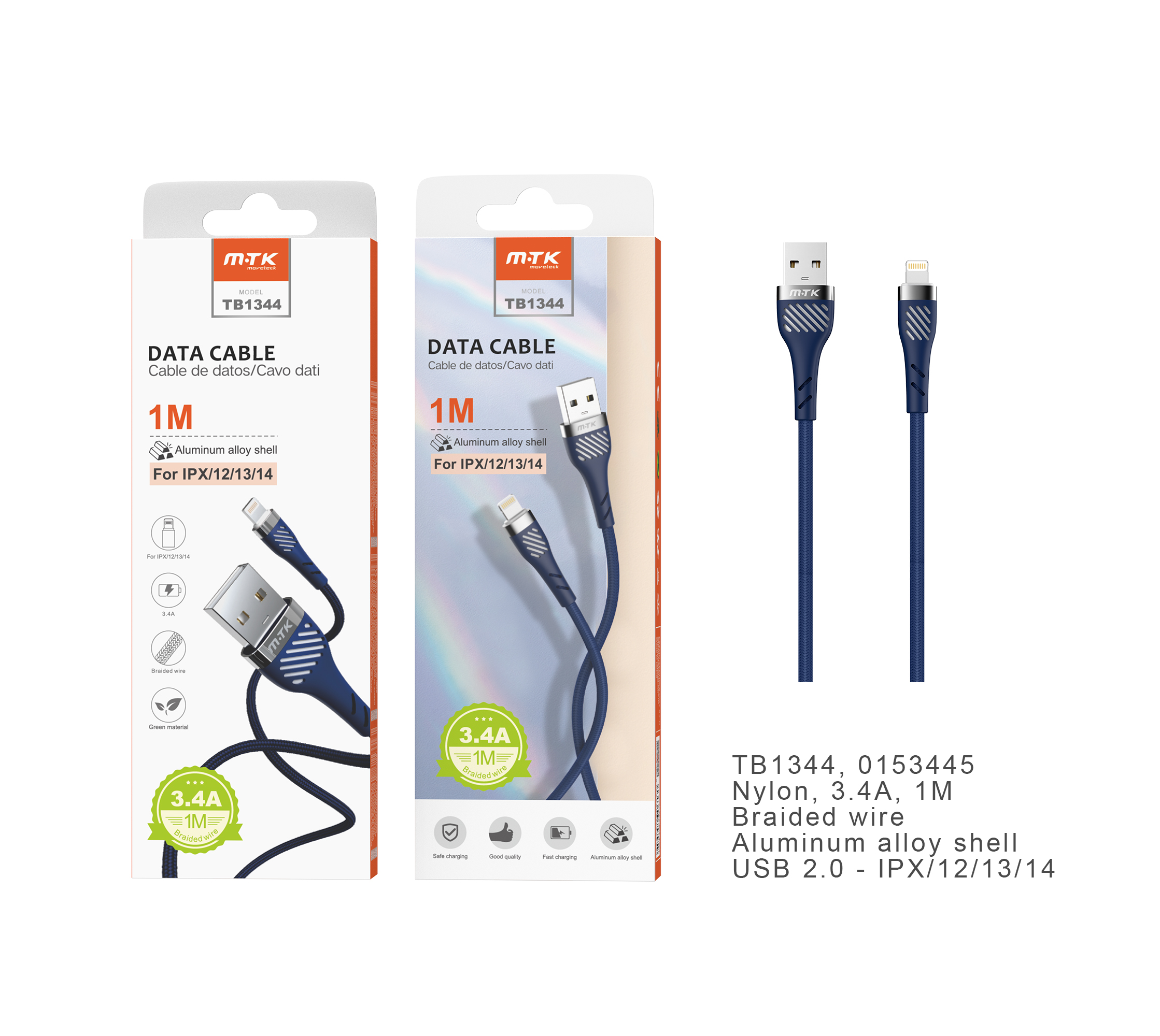 TB1344 AZ Cable de datos Camyl nylon trenzado para Iphone, 3.4A, 1M, Azul