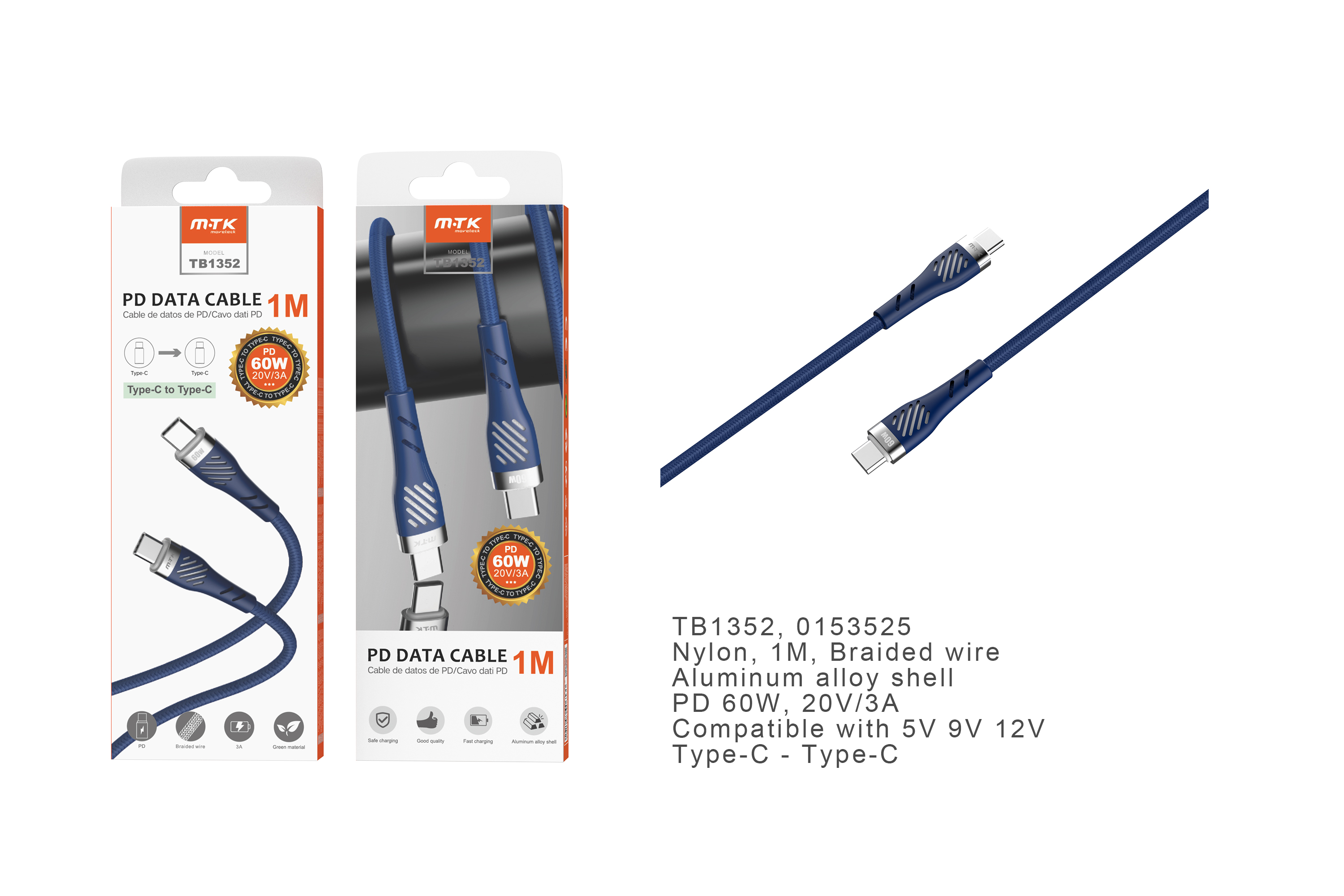 TB1352  AZ Cable de Datos Camyl nylon trenzado , Type-C a Type-C ,Carga Rapida PD 60W/20V/3A , Cable